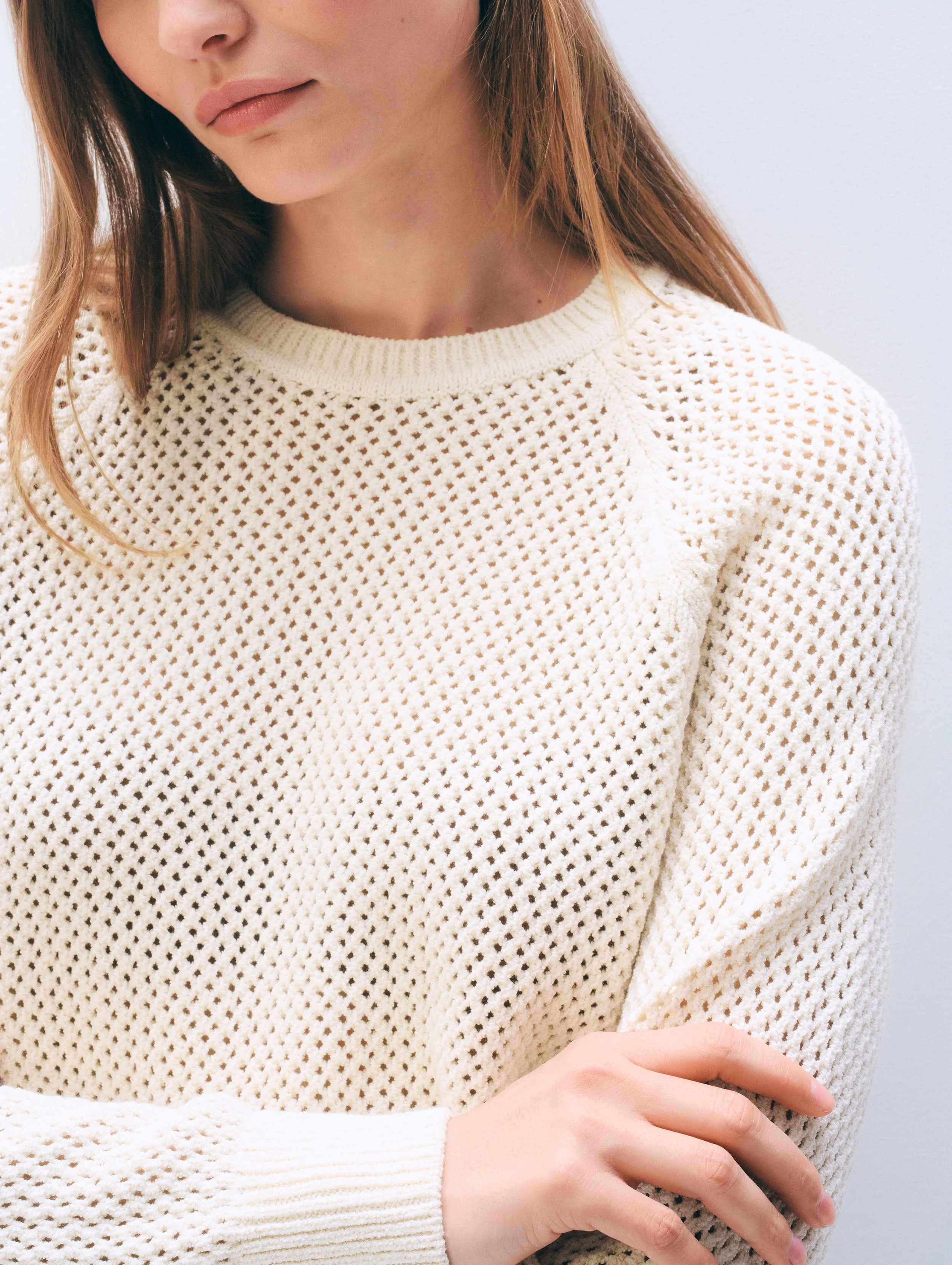 Bouclé Mesh Sweatshirt | Ivory sold by White + Warren product image thumbnail 2