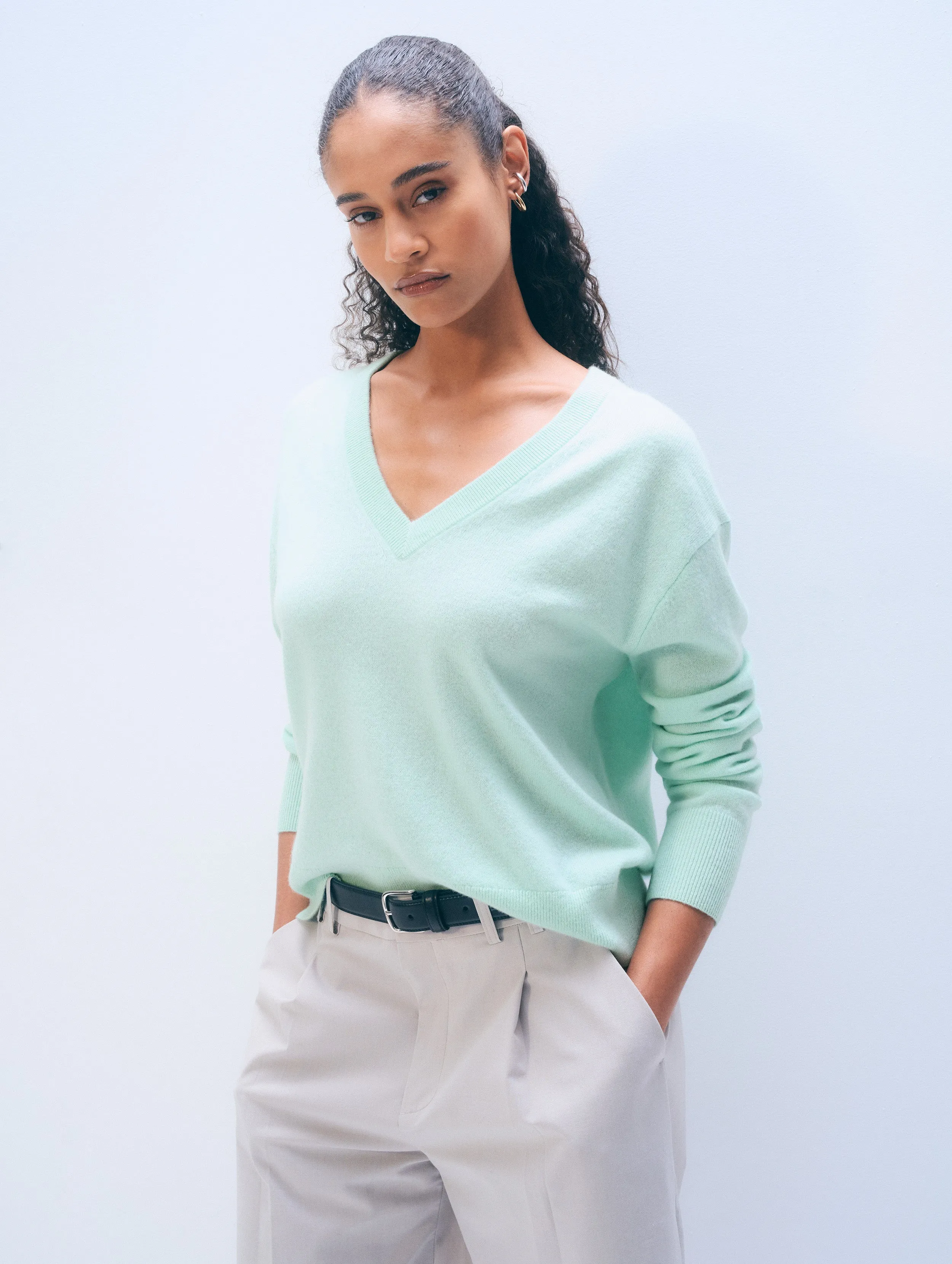 Cashmere V Neck | Light Aqua sold by White + Warren