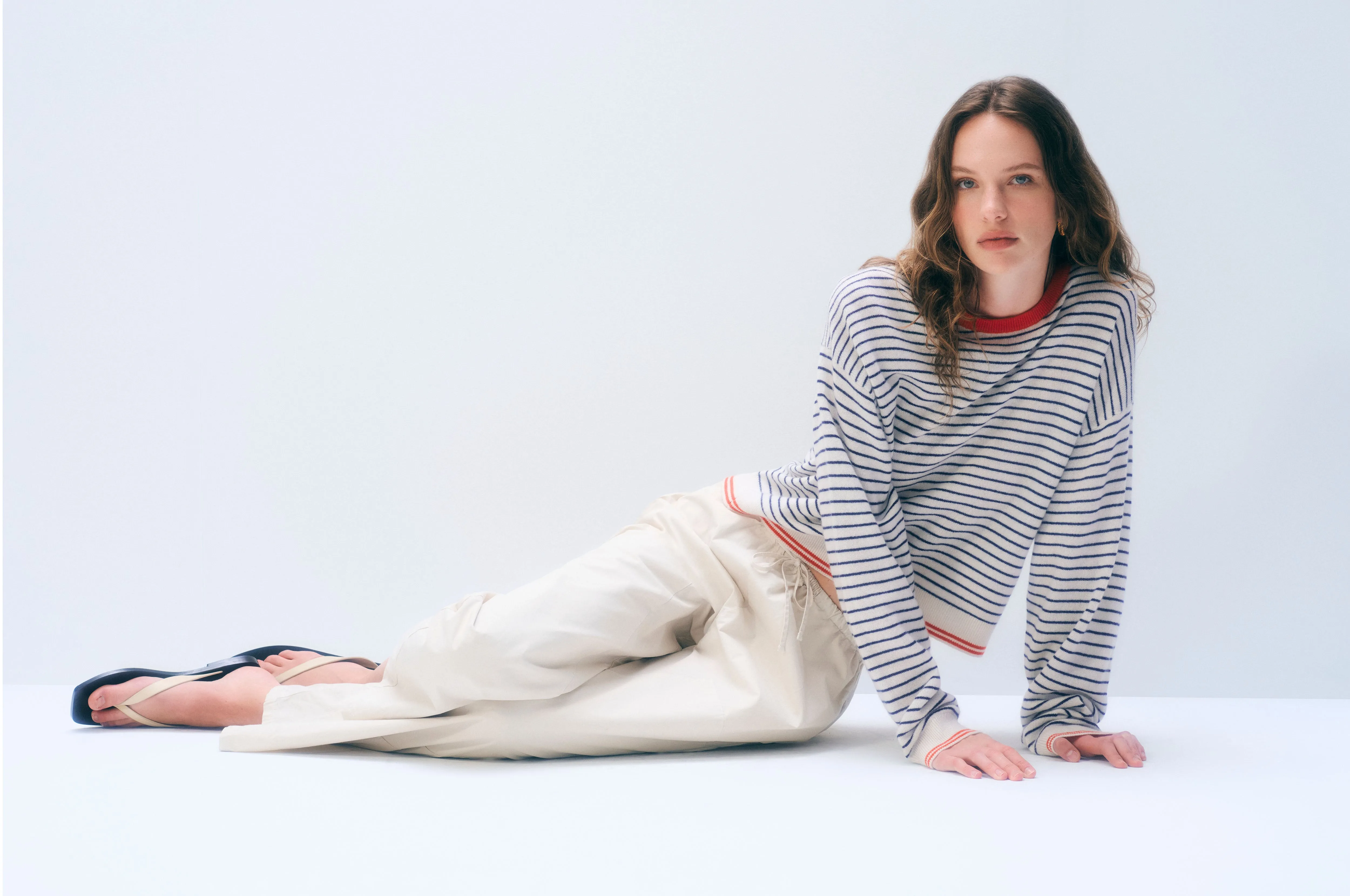 Cashmere Striped Crewneck | Soft White/Deep Navy/Red sold by White + Warren product image thumbnail 5
