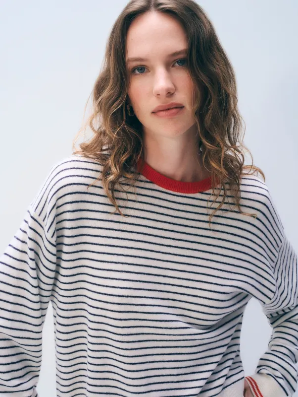 Cashmere Striped Crewneck | Soft White/Deep Navy/Red made by White + Warren