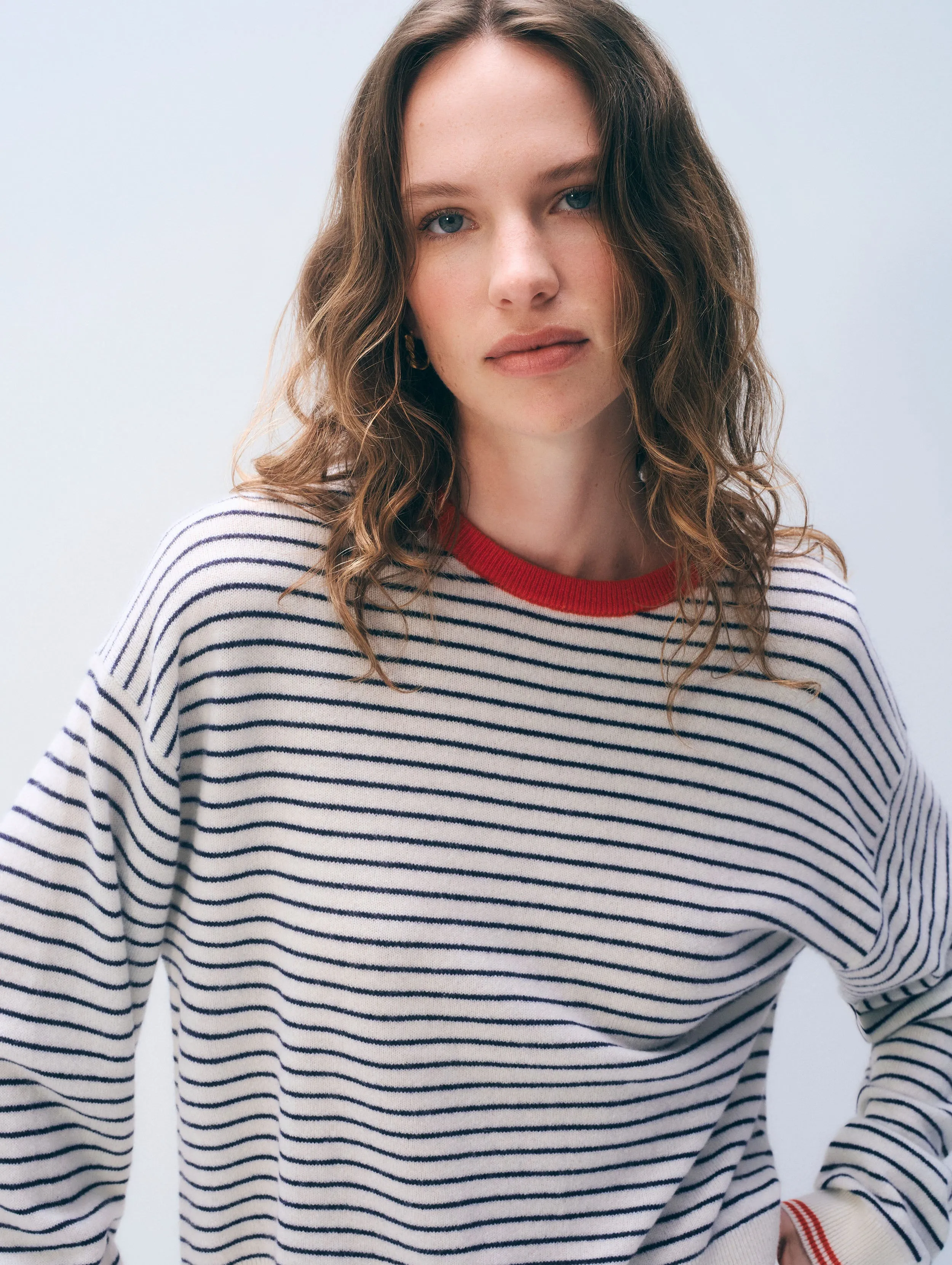 Cashmere Striped Crewneck | Soft White/Deep Navy/Red sold by White + Warren
