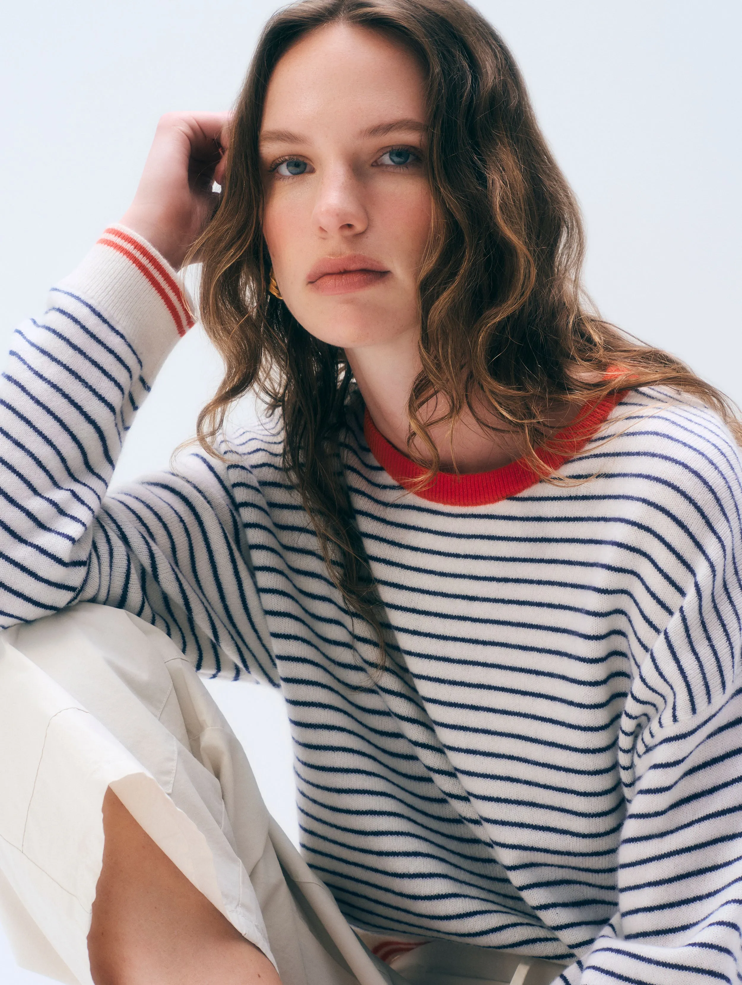 Cashmere Striped Crewneck | Soft White/Deep Navy/Red sold by White + Warren product image thumbnail 2