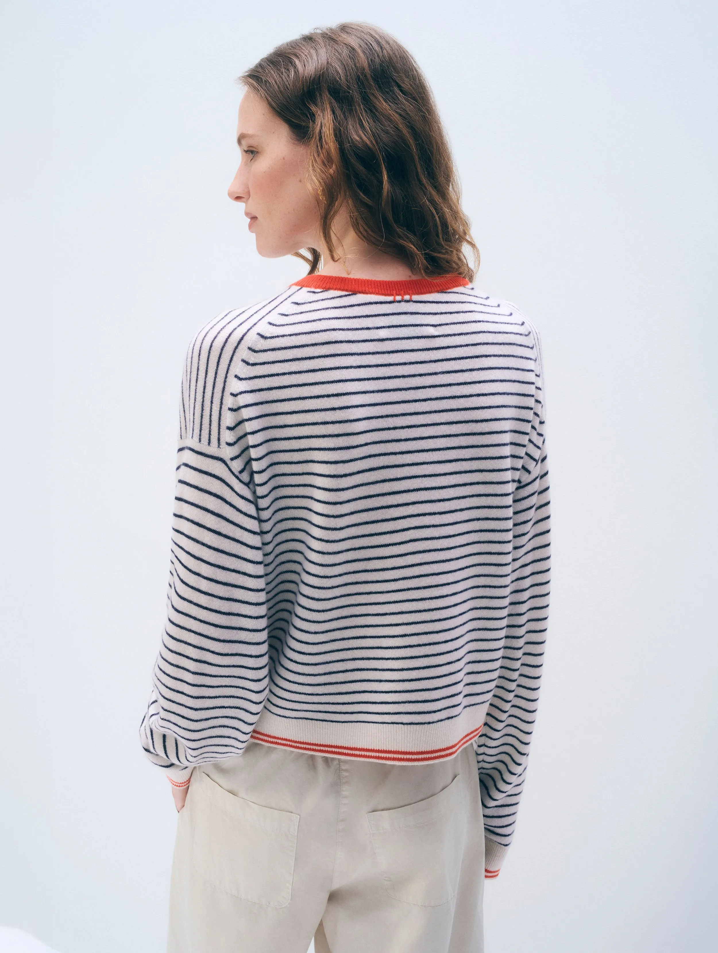 Cashmere Striped Crewneck | Soft White/Deep Navy/Red sold by White + Warren product image thumbnail 3