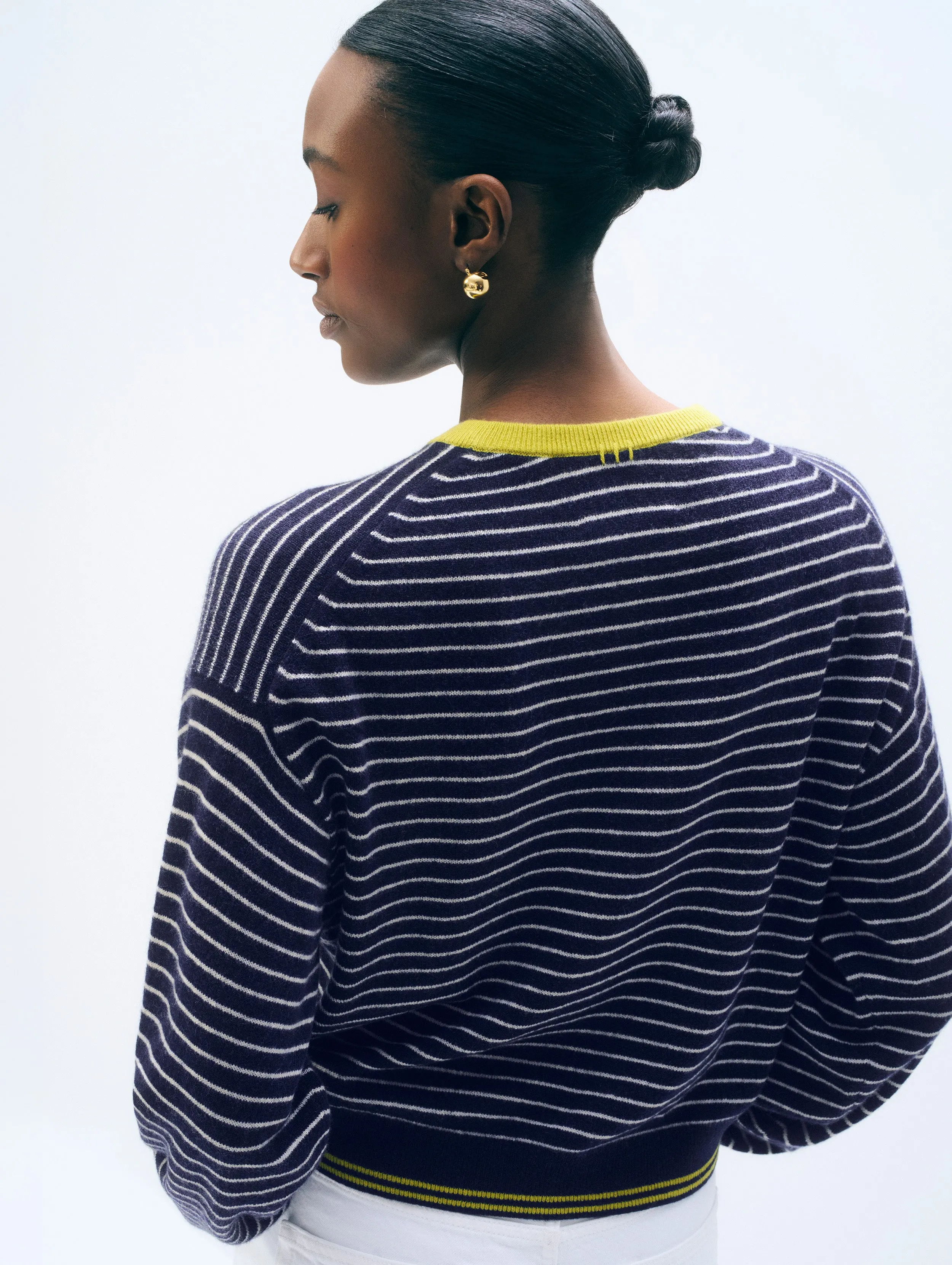 Cashmere Striped Crewneck | Deep Navy/Soft White/Citronelle sold by White + Warren product image thumbnail 3