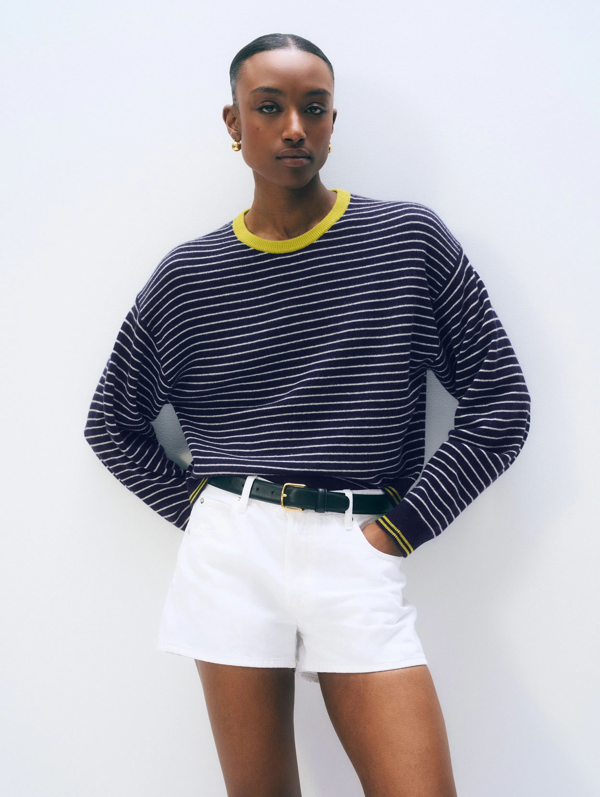 Cashmere Striped Crewneck | Deep Navy/Soft White/Citronelle sold by White + Warren