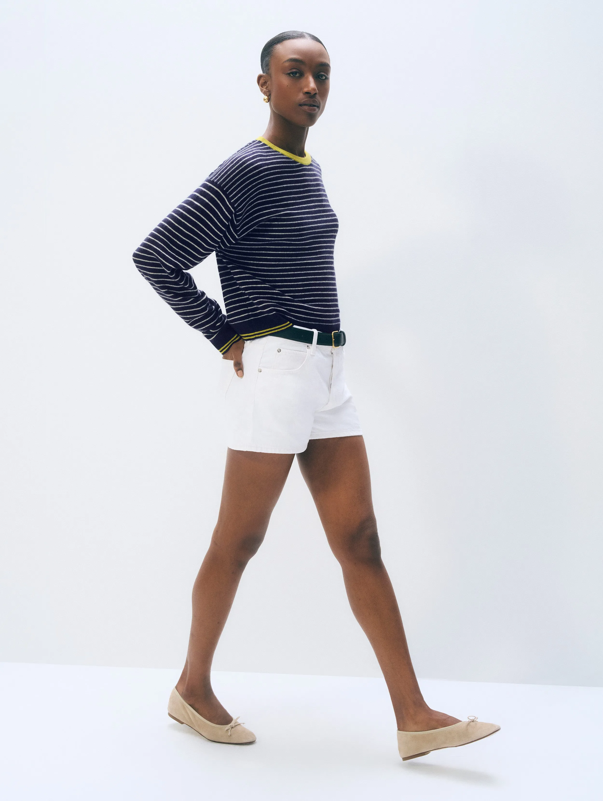 Cashmere Striped Crewneck | Deep Navy/Soft White/Citronelle sold by White + Warren product image thumbnail 2