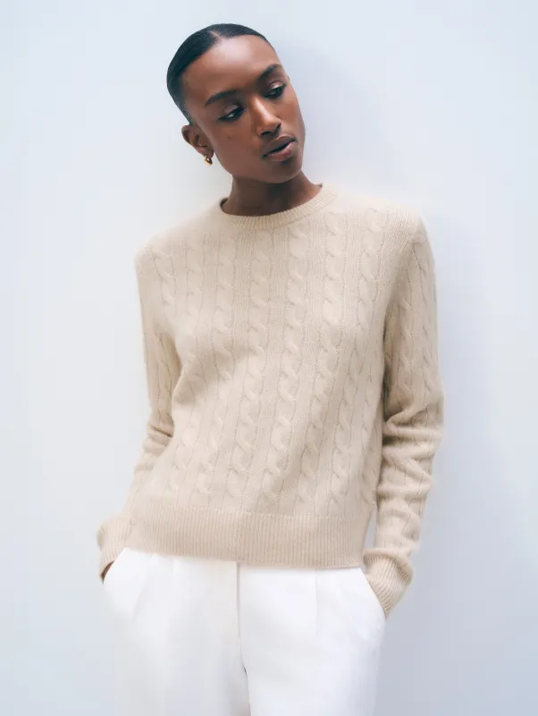 Cashmere Varsity Cable Crewneck | Natural Heather made by White + Warren
