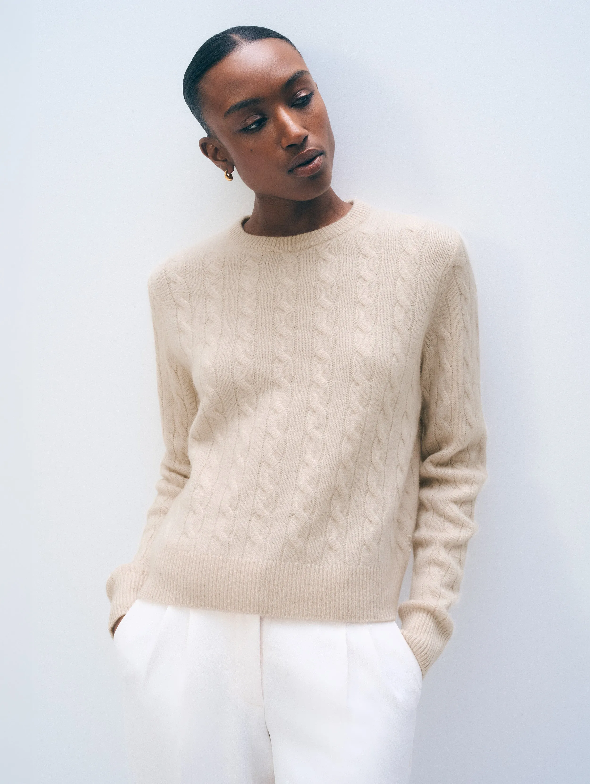 Cashmere Varsity Cable Crewneck | Natural Heather sold by White + Warren