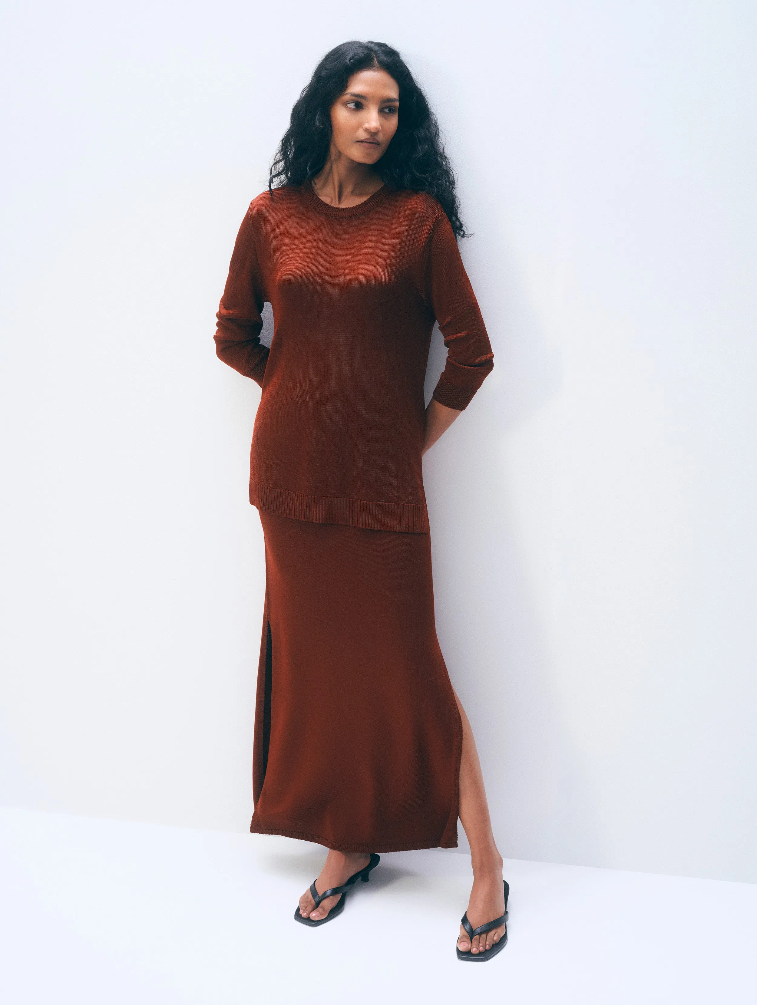 Luster Viscose Long Sleeve Crewneck | Rich Brown sold by White + Warren product image thumbnail 3