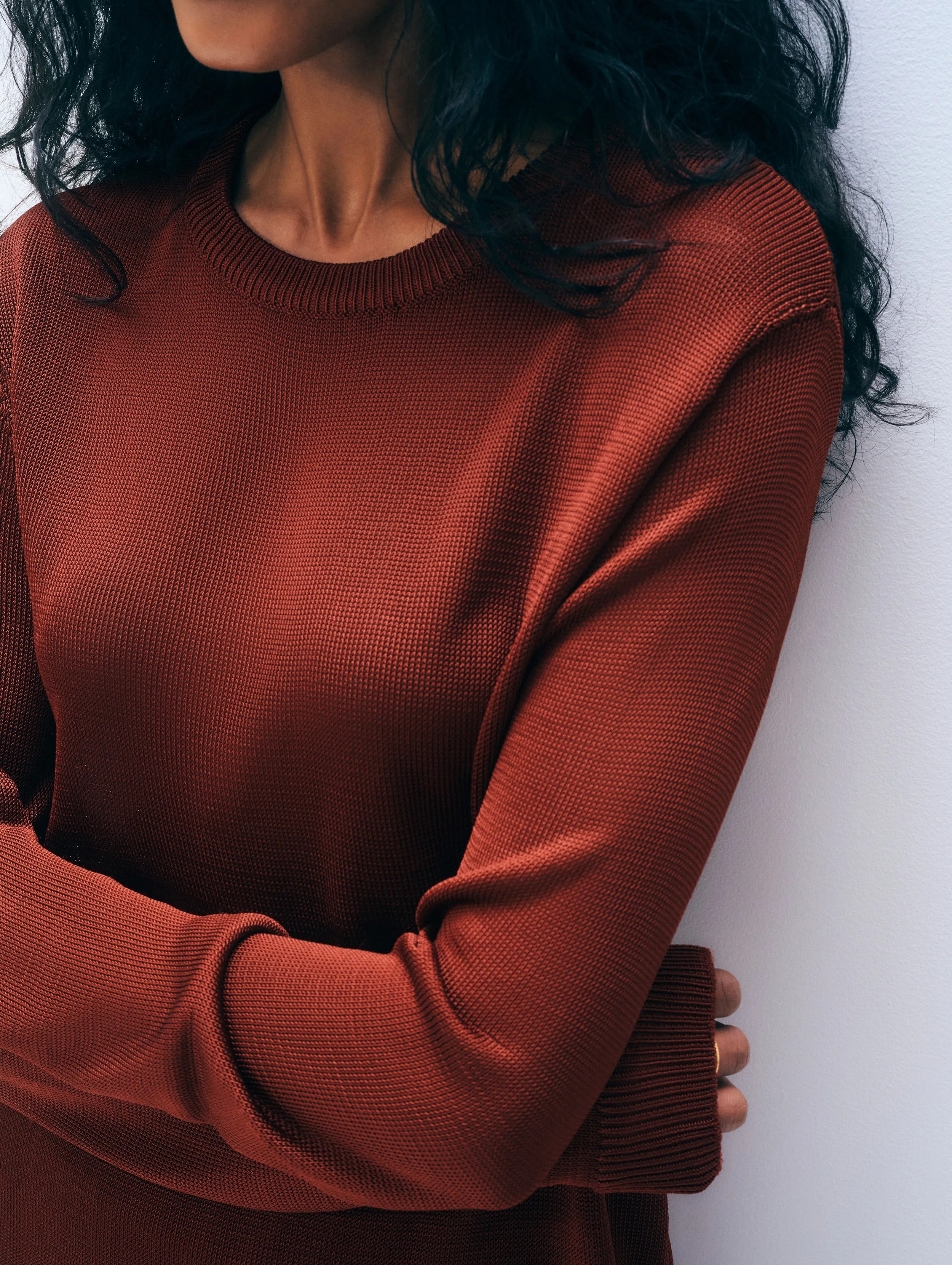 Luster Viscose Long Sleeve Crewneck | Rich Brown sold by White + Warren product image thumbnail 2