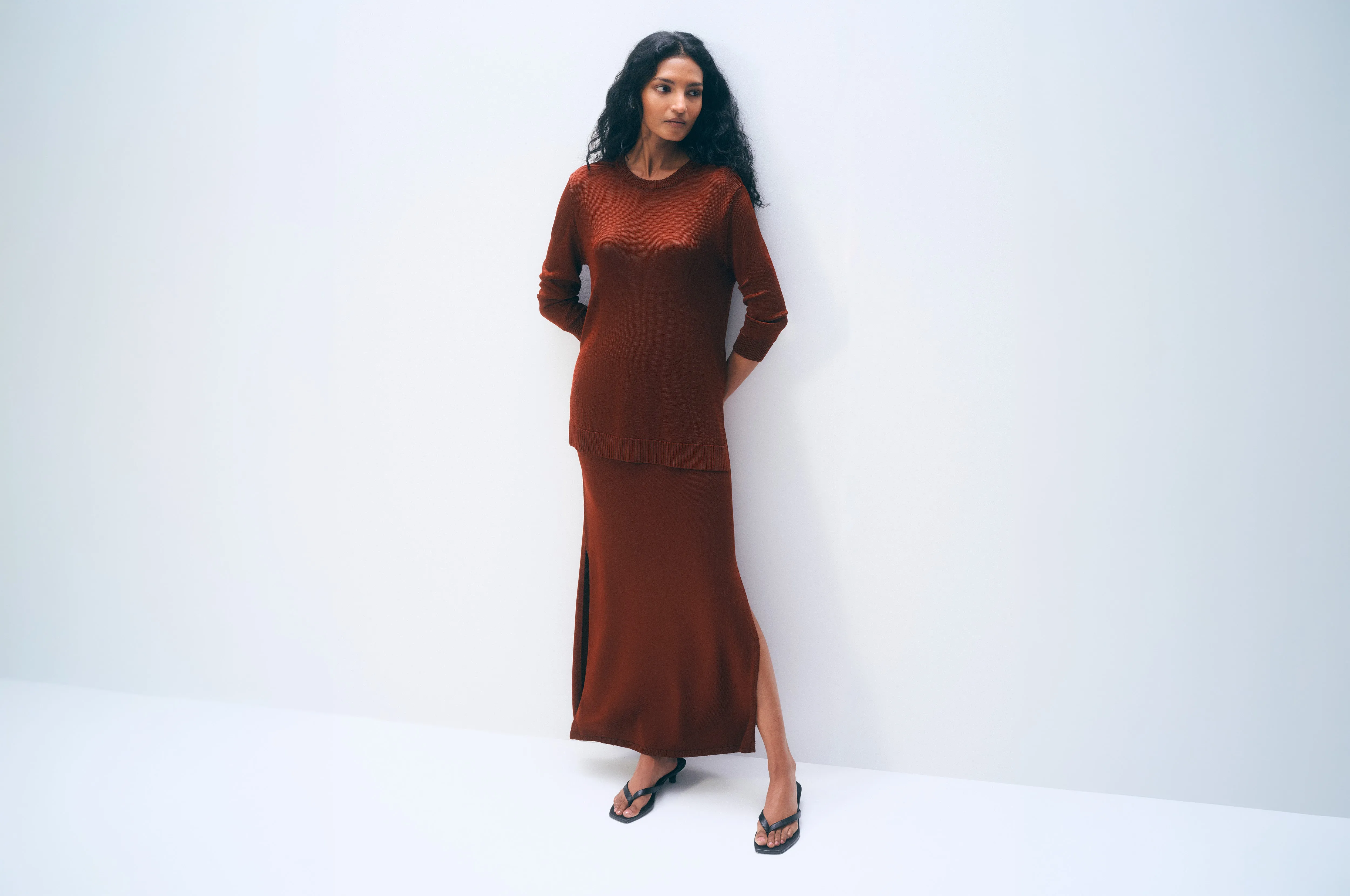 Luster Viscose Long Sleeve Crewneck | Rich Brown sold by White + Warren product image thumbnail 5