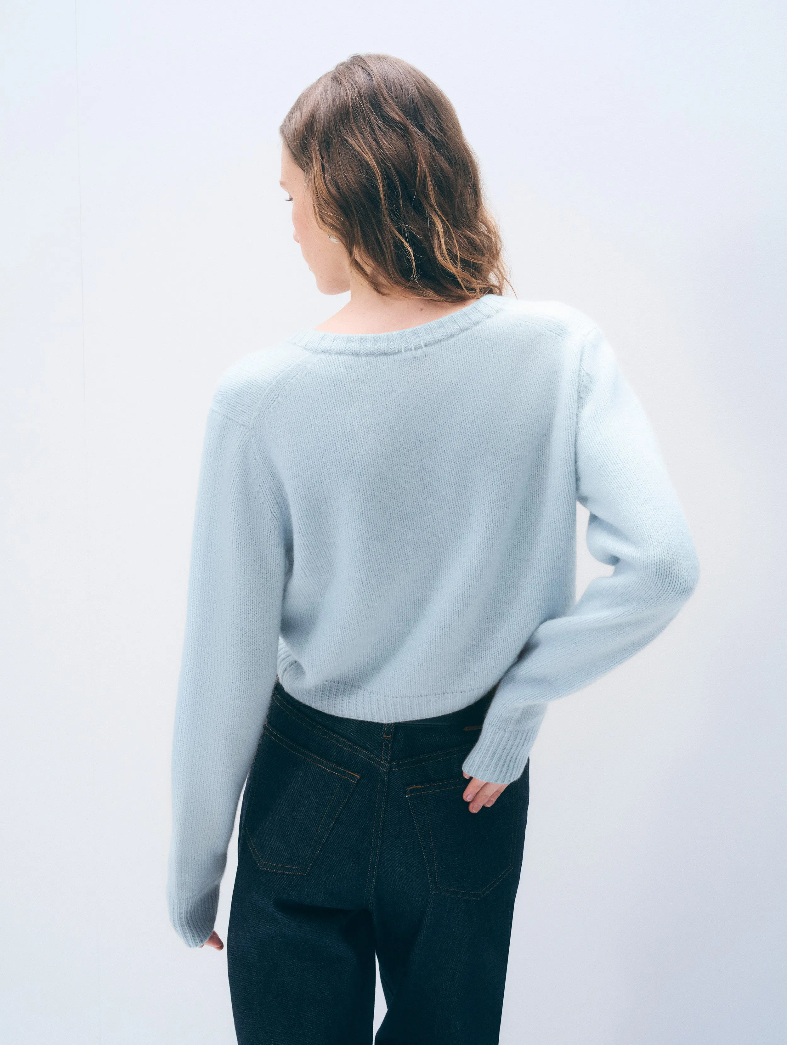 Cashmere Scoop Short-Length Cardigan | Pastel Blue sold by White + Warren product image thumbnail 3