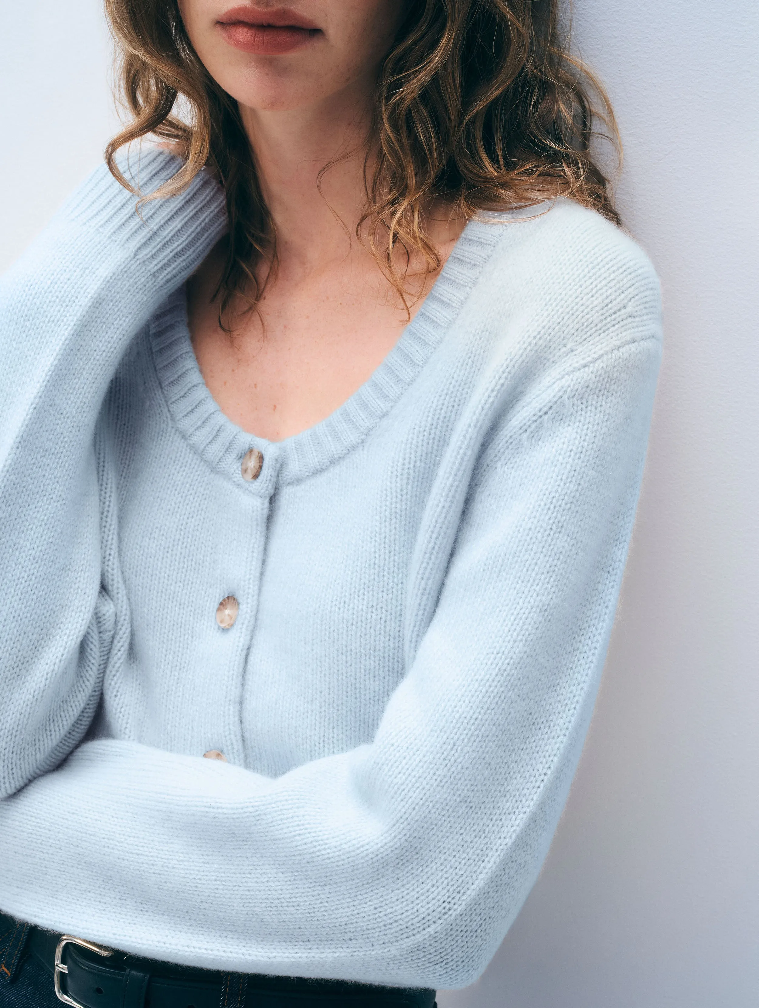 Cashmere Scoop Short-Length Cardigan | Pastel Blue sold by White + Warren product image thumbnail 2