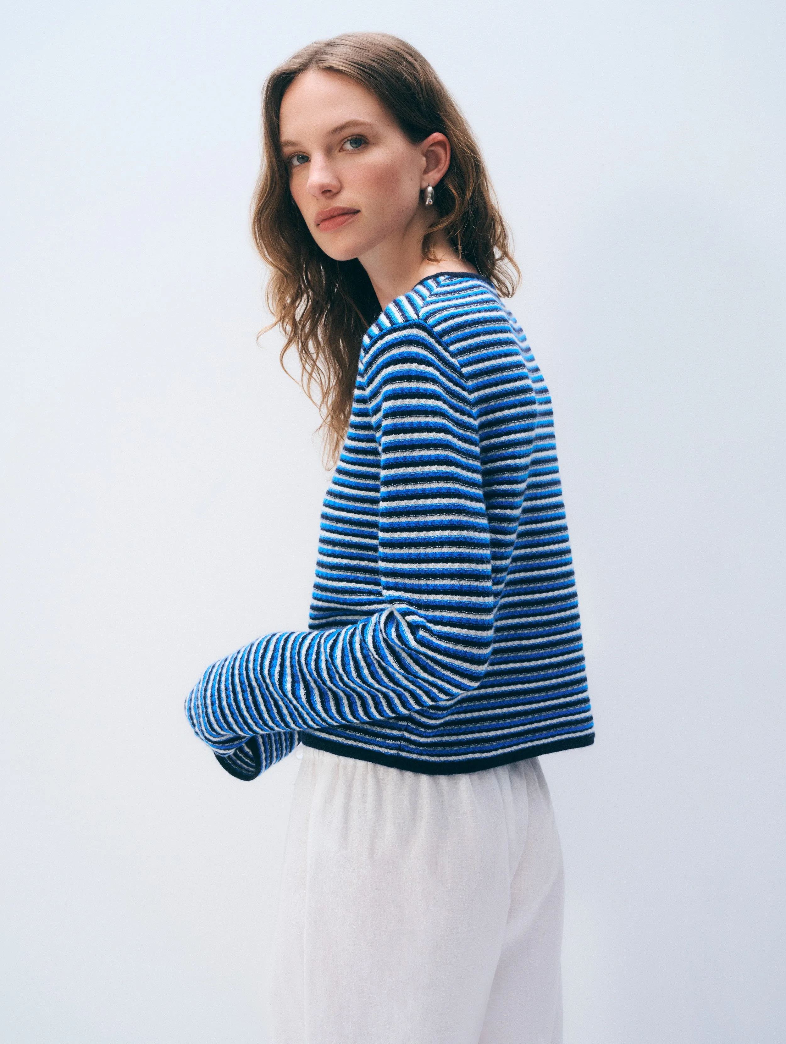 Cashmere Striped Sweater | Blue Stripe sold by White + Warren product image thumbnail 3