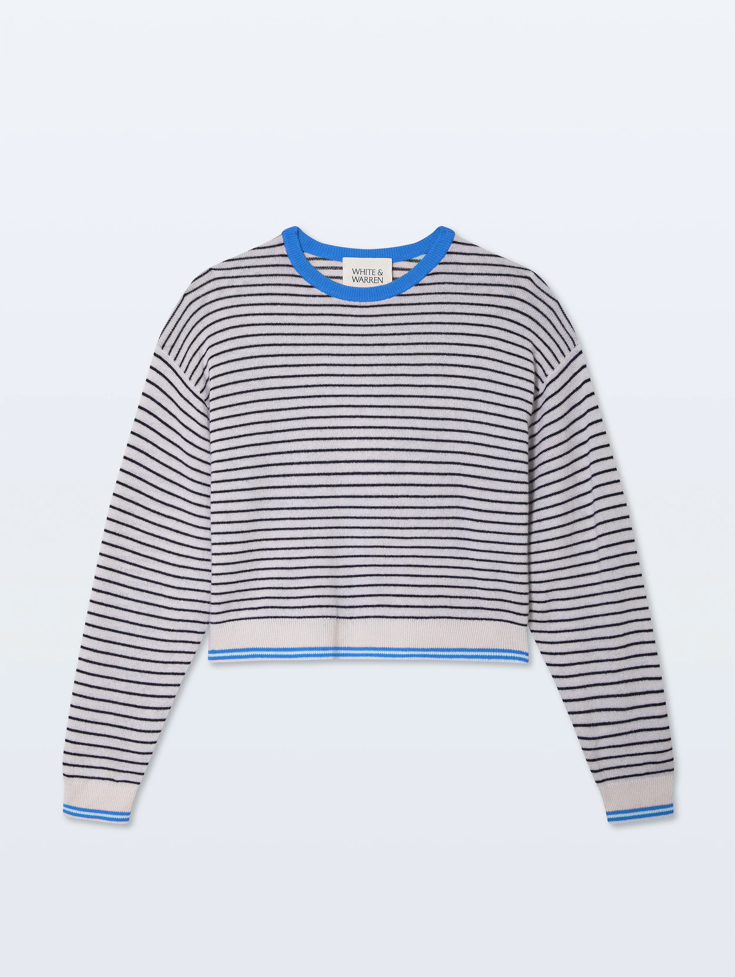 Cashmere Striped Crewneck | Soft White/Deep Navy/Bright Azure sold by White + Warren product image thumbnail 4