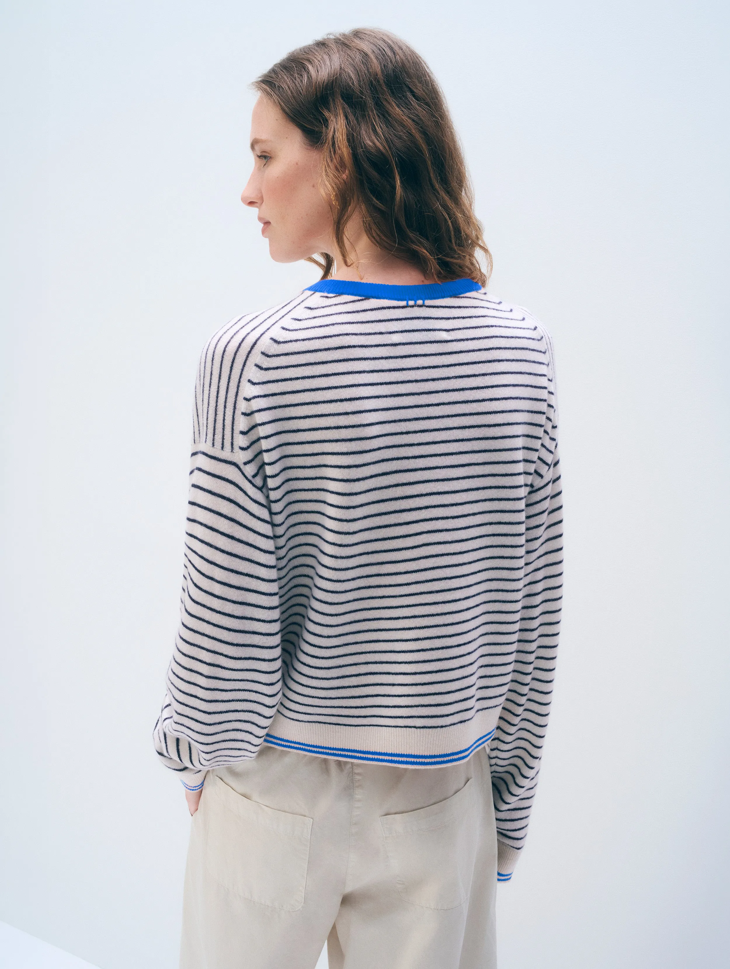 Cashmere Striped Crewneck | Soft White/Deep Navy/Bright Azure sold by White + Warren product image thumbnail 3
