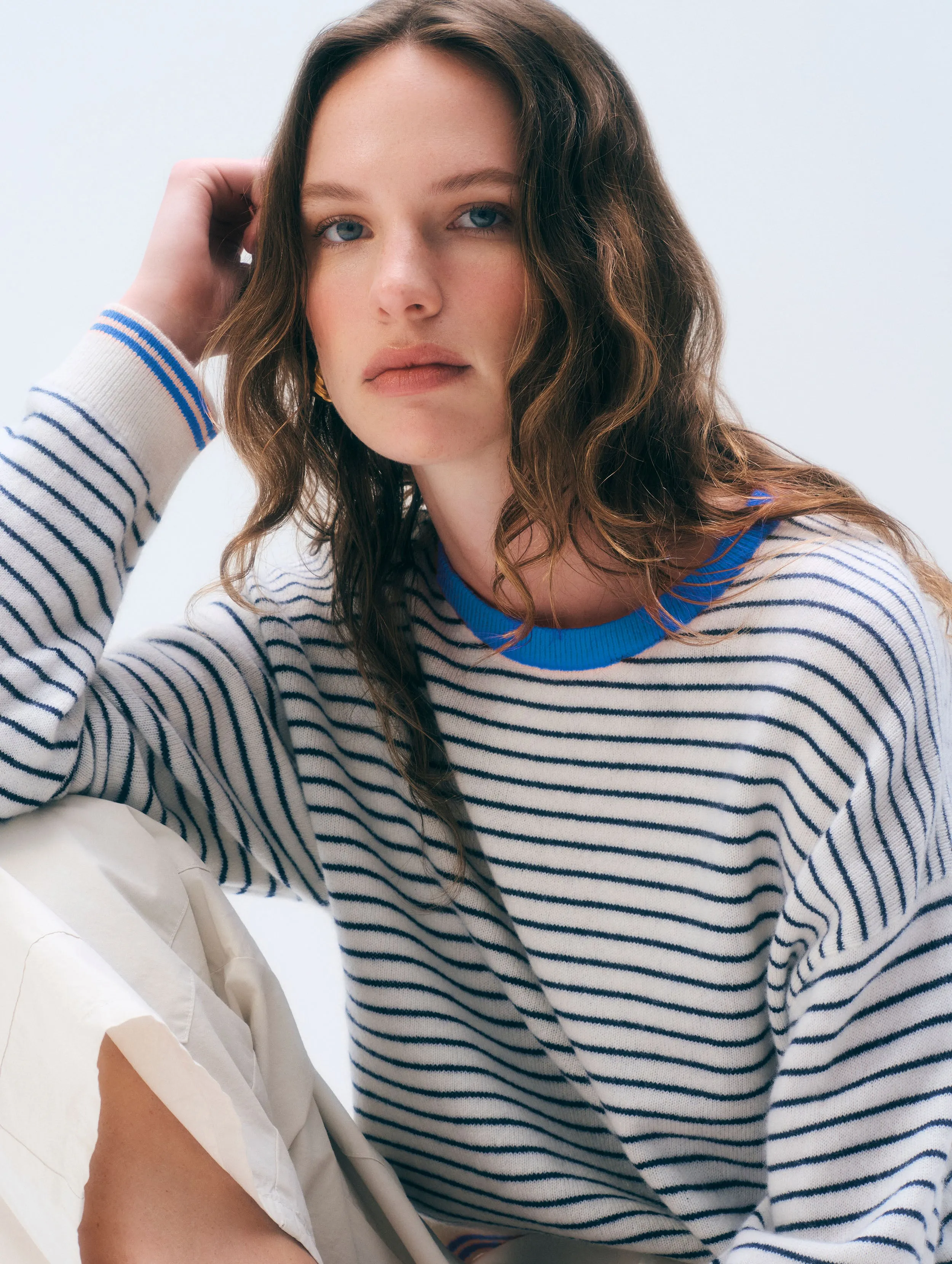 Cashmere Striped Crewneck | Soft White/Deep Navy/Bright Azure sold by White + Warren product image thumbnail 2
