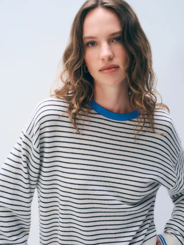 Cashmere Striped Crewneck | Soft White/Deep Navy/Bright Azure made by White + Warren