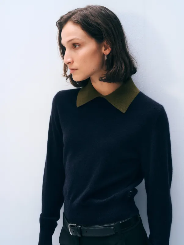 Cashmere Layered Collar Sweater | Deep Navy/Deep Olive made by White + Warren