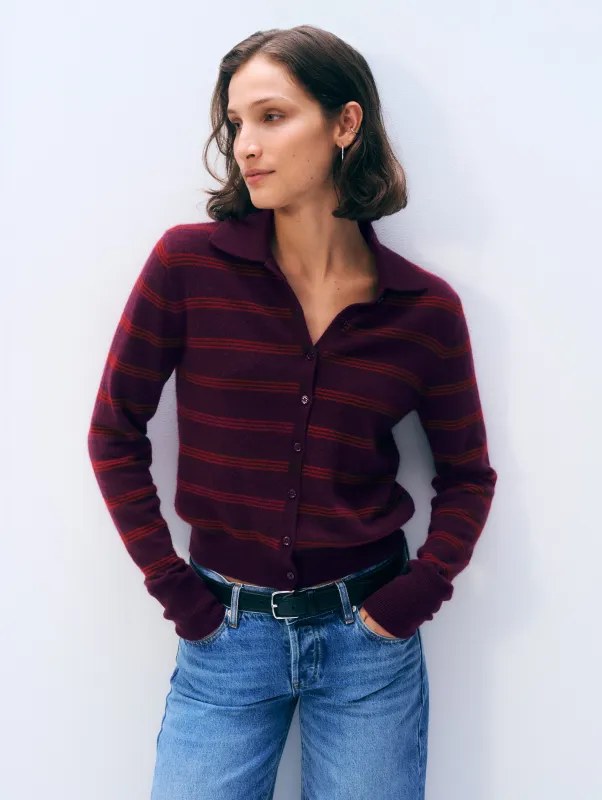 Cashmere Striped Cardigan | Sangria/ Garnet Red made by White + Warren