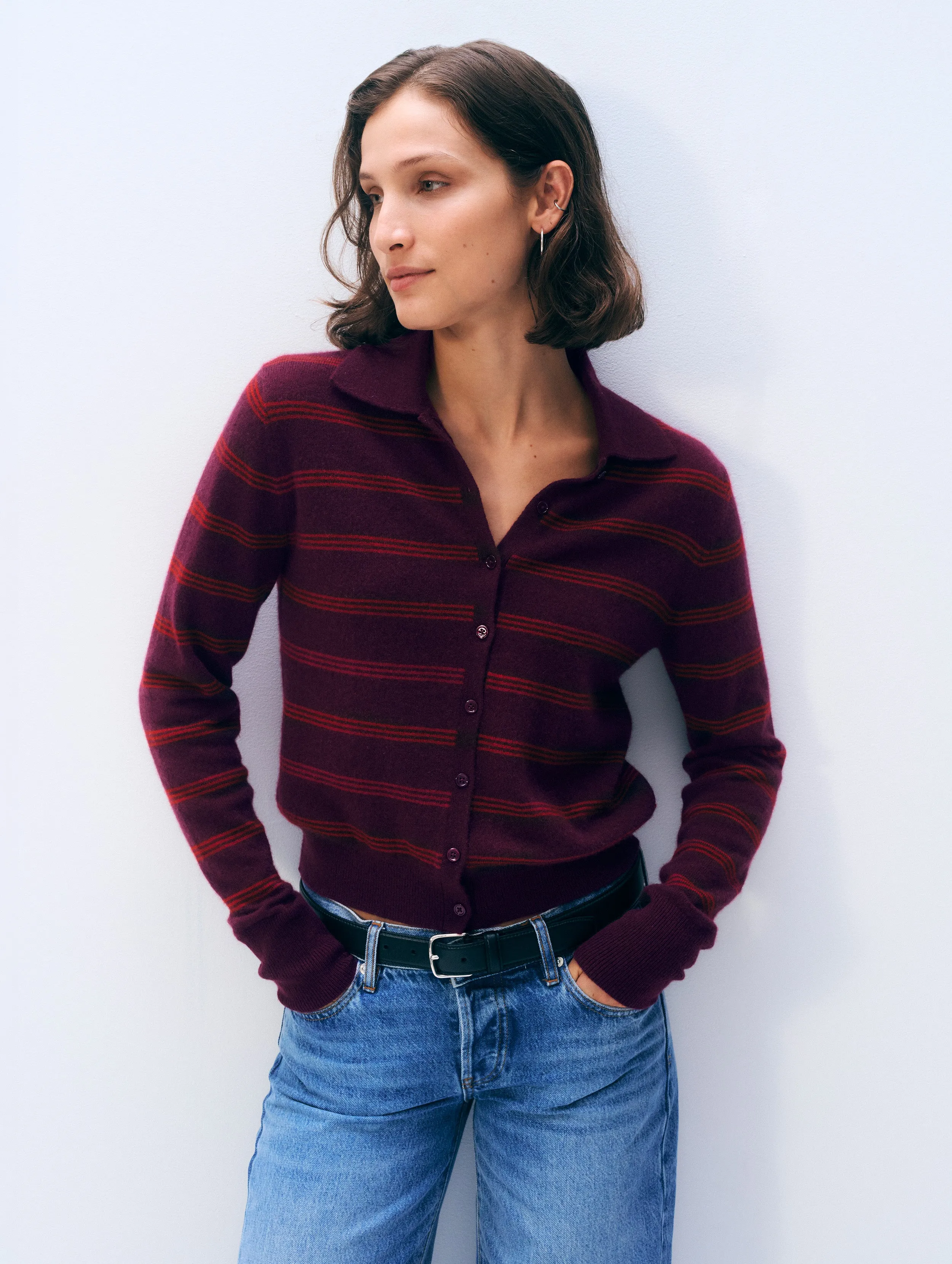 Cashmere Striped Cardigan | Sangria/ Garnet Red sold by White + Warren