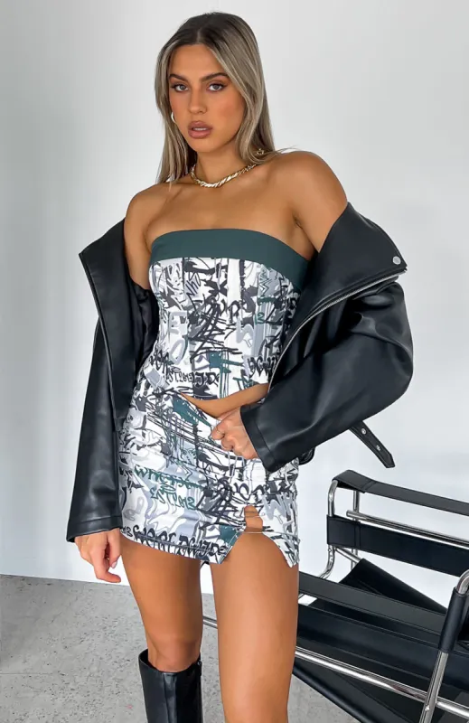 Rumours Buzzing Mini Skirt Green Graffiti sold by White Fox Boutique