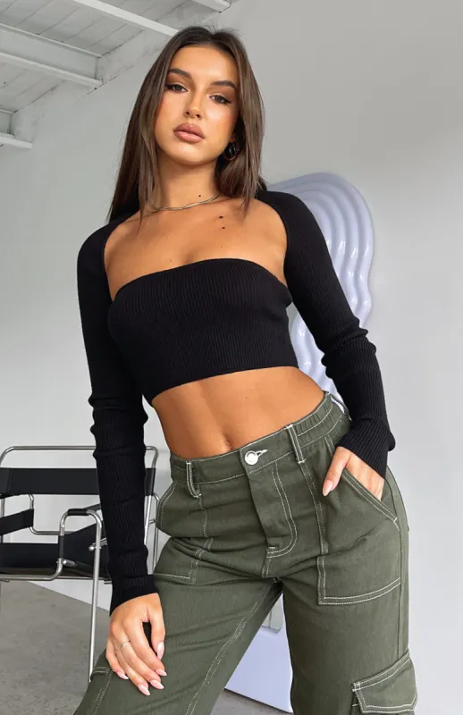 Forgetting You Ribbed Knit Long Sleeve Crop Black sold by White Fox Boutique
