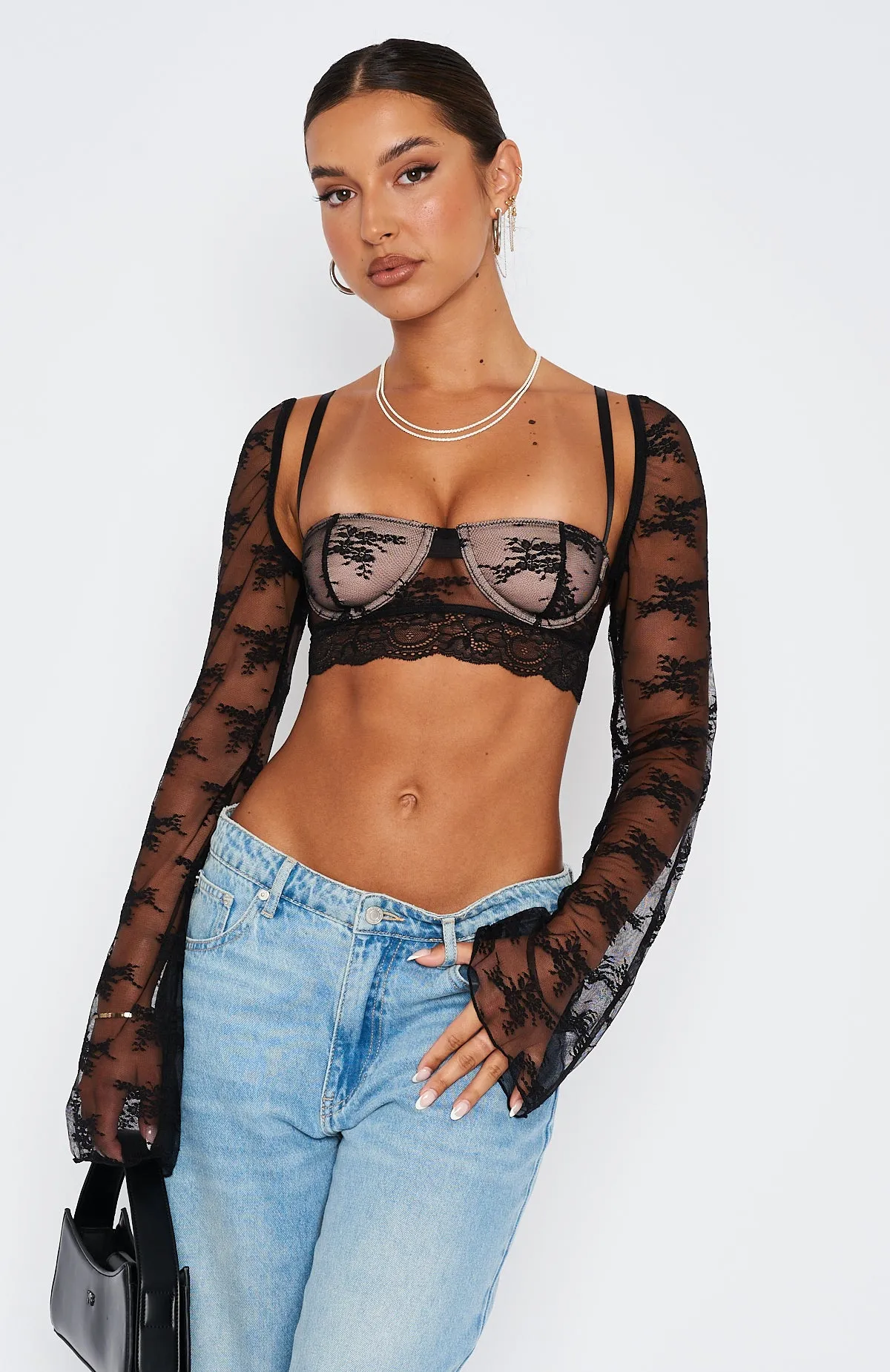 Hold It Down Long Sleeve Lace Crop Black sold by White Fox Boutique product image thumbnail 2