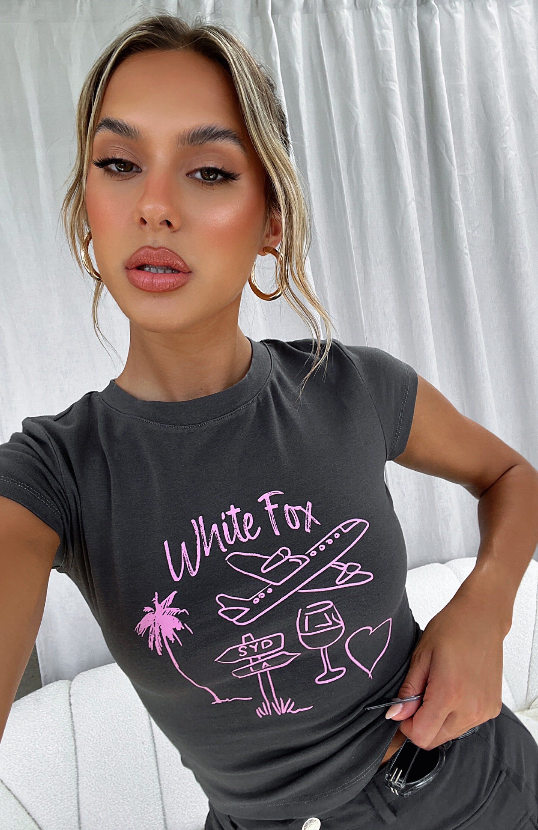 Vacay Pending Baby Tee Charcoal sold by White Fox Boutique