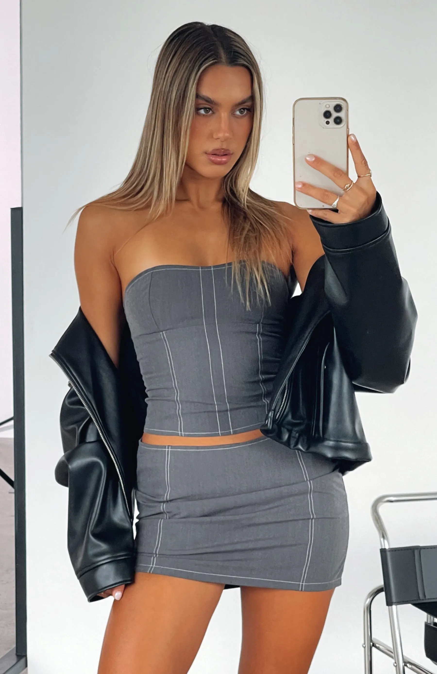 Know Yourself Mini Skirt Charcoal sold by White Fox Boutique