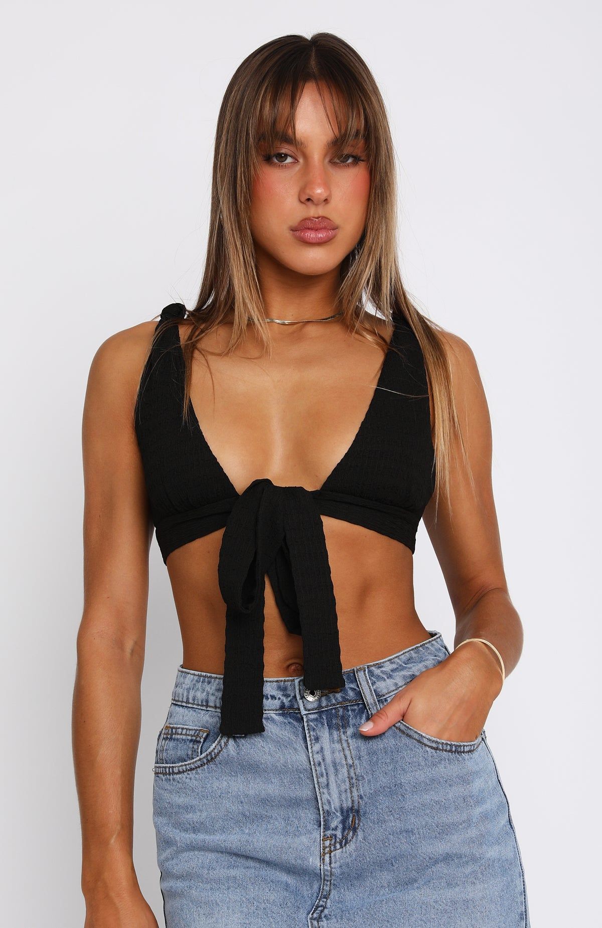 Falling Into You Tie Front Crop Black sold by White Fox Boutique product image thumbnail 2