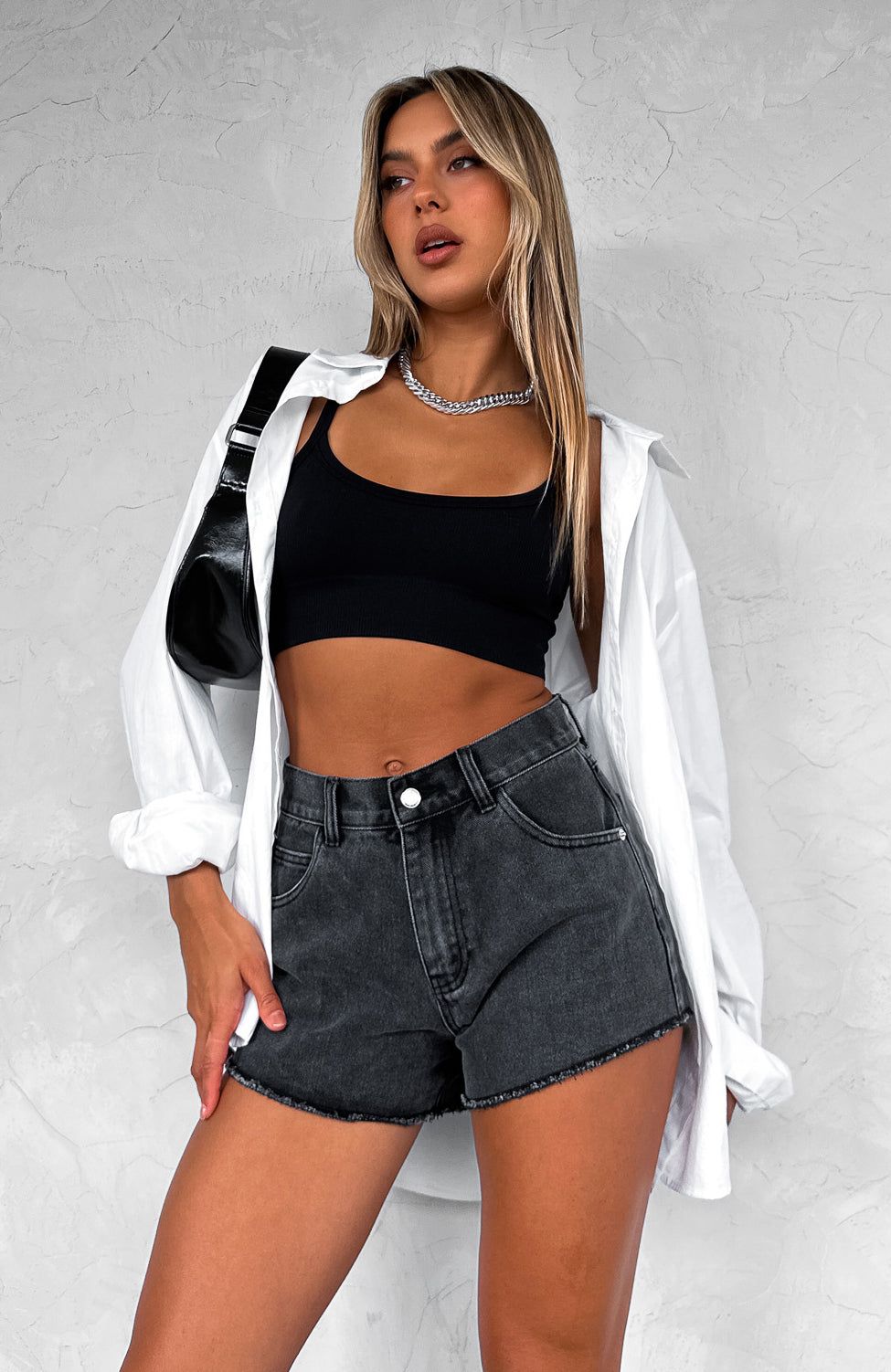 We Don't Talk Denim Shorts Black Acid Wash sold by White Fox Boutique