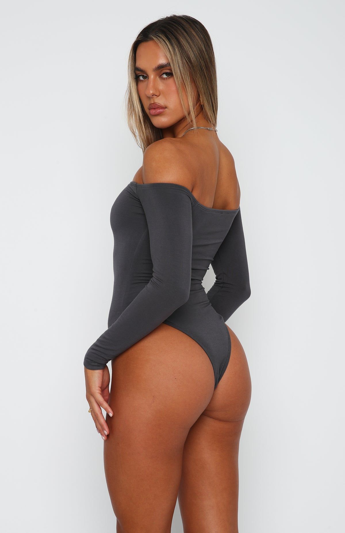 Lose My Mind Long Sleeve Bodysuit Charcoal sold by White Fox Boutique product image thumbnail 3