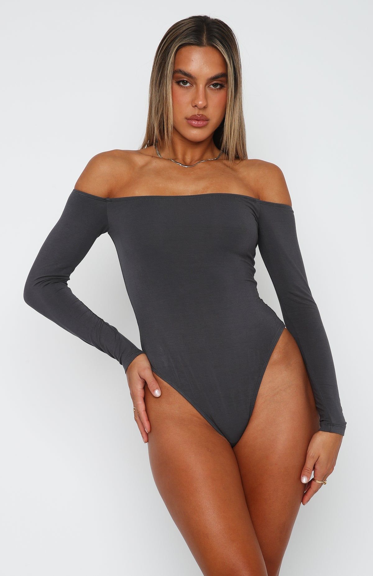Lose My Mind Long Sleeve Bodysuit Charcoal sold by White Fox Boutique product image thumbnail 2