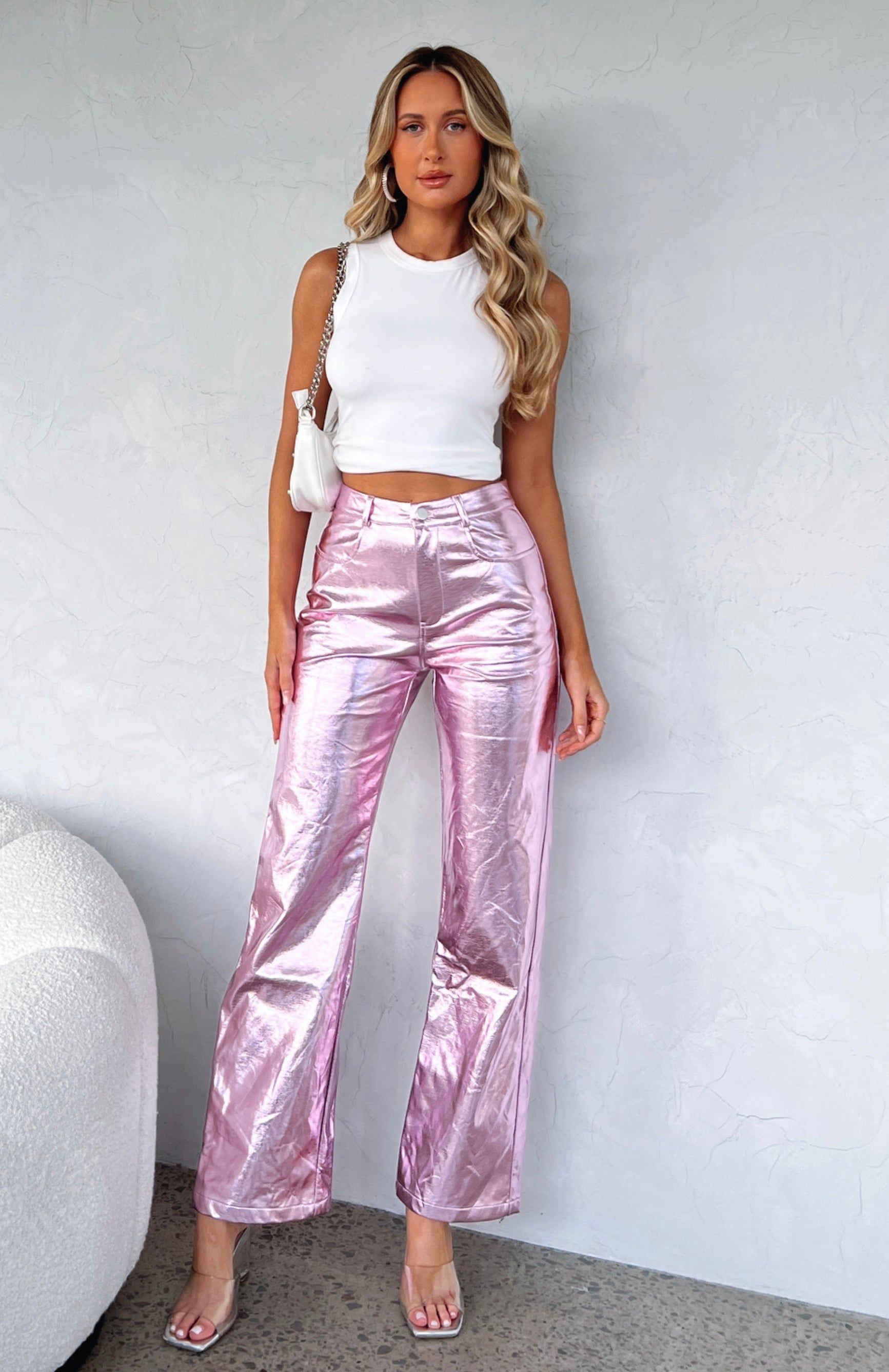 Push The Button Metallic PU Pants Baby Pink sold by White Fox Boutique