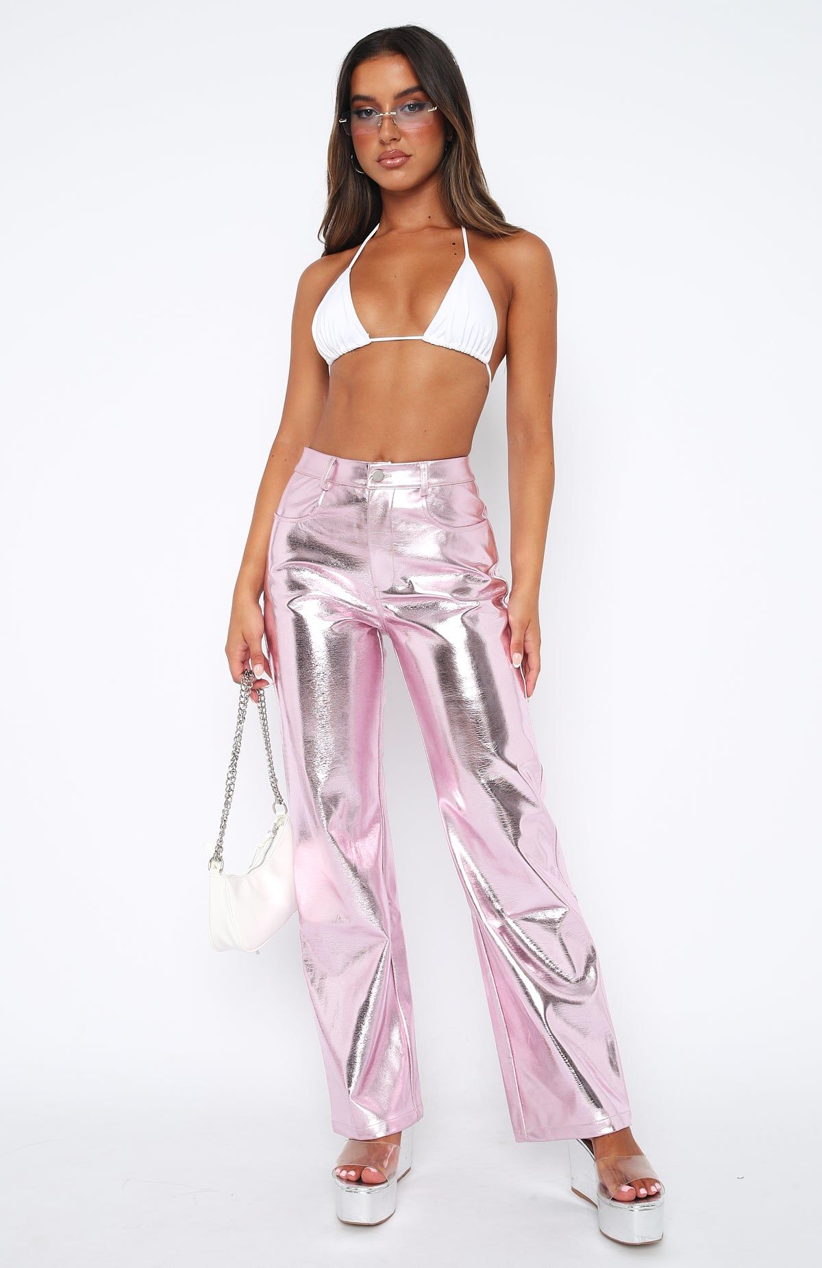 Push The Button Metallic PU Pants Baby Pink sold by White Fox Boutique product image thumbnail 5