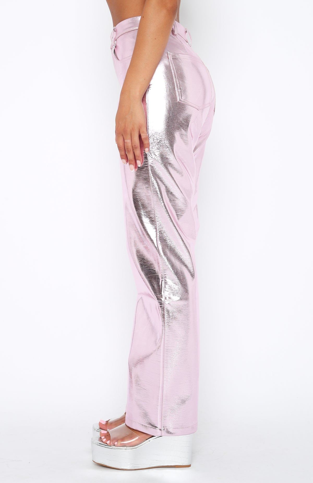 Push The Button Metallic PU Pants Baby Pink sold by White Fox Boutique product image thumbnail 3
