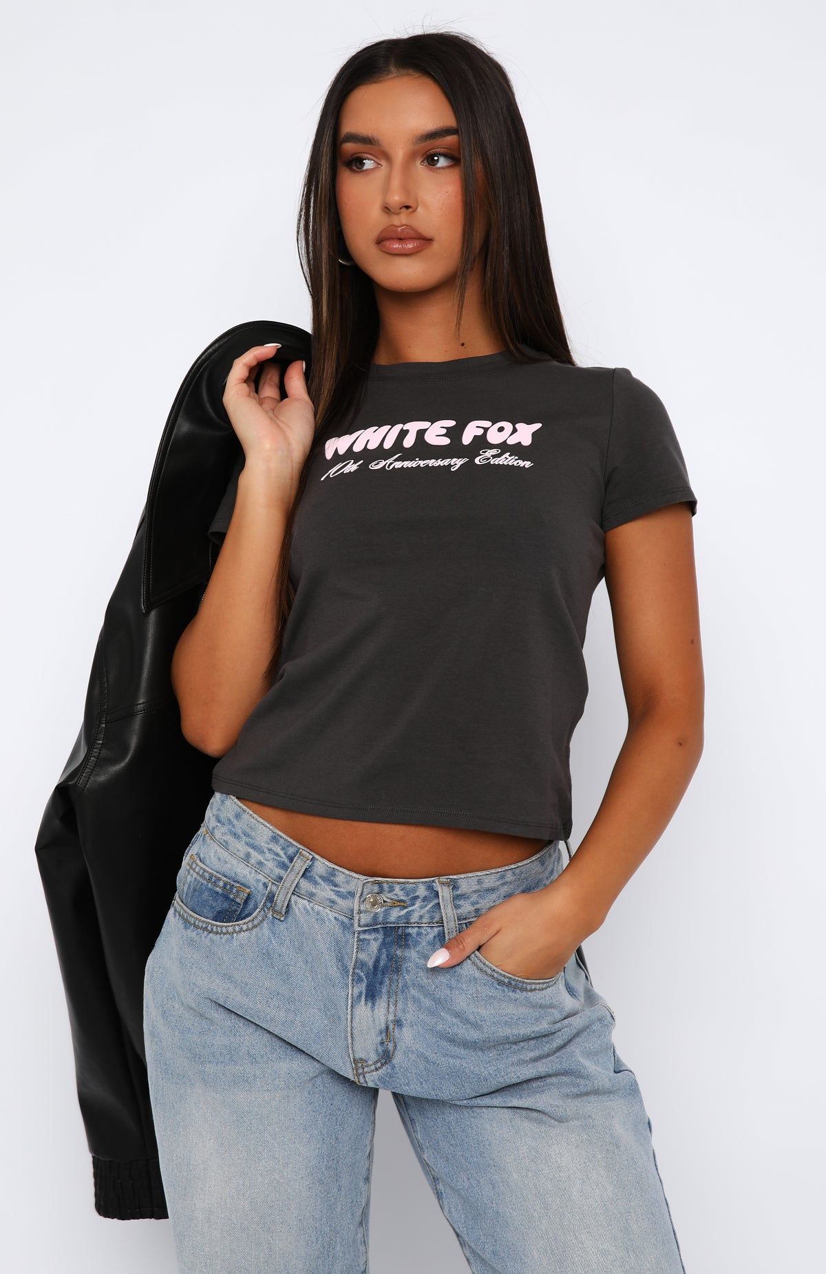 10th Anniversary Edition Baby Tee Charcoal sold by White Fox Boutique product image thumbnail 2