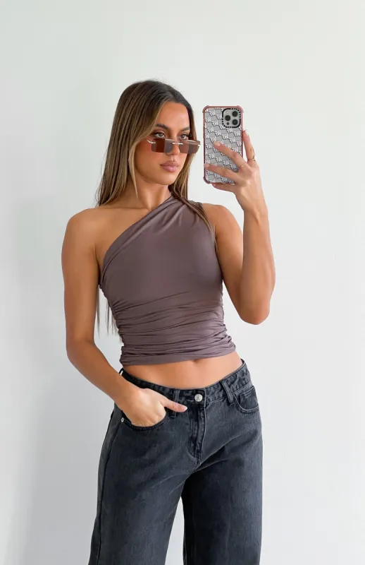 Lack Of Love One Shoulder Top Chocolate sold by White Fox Boutique