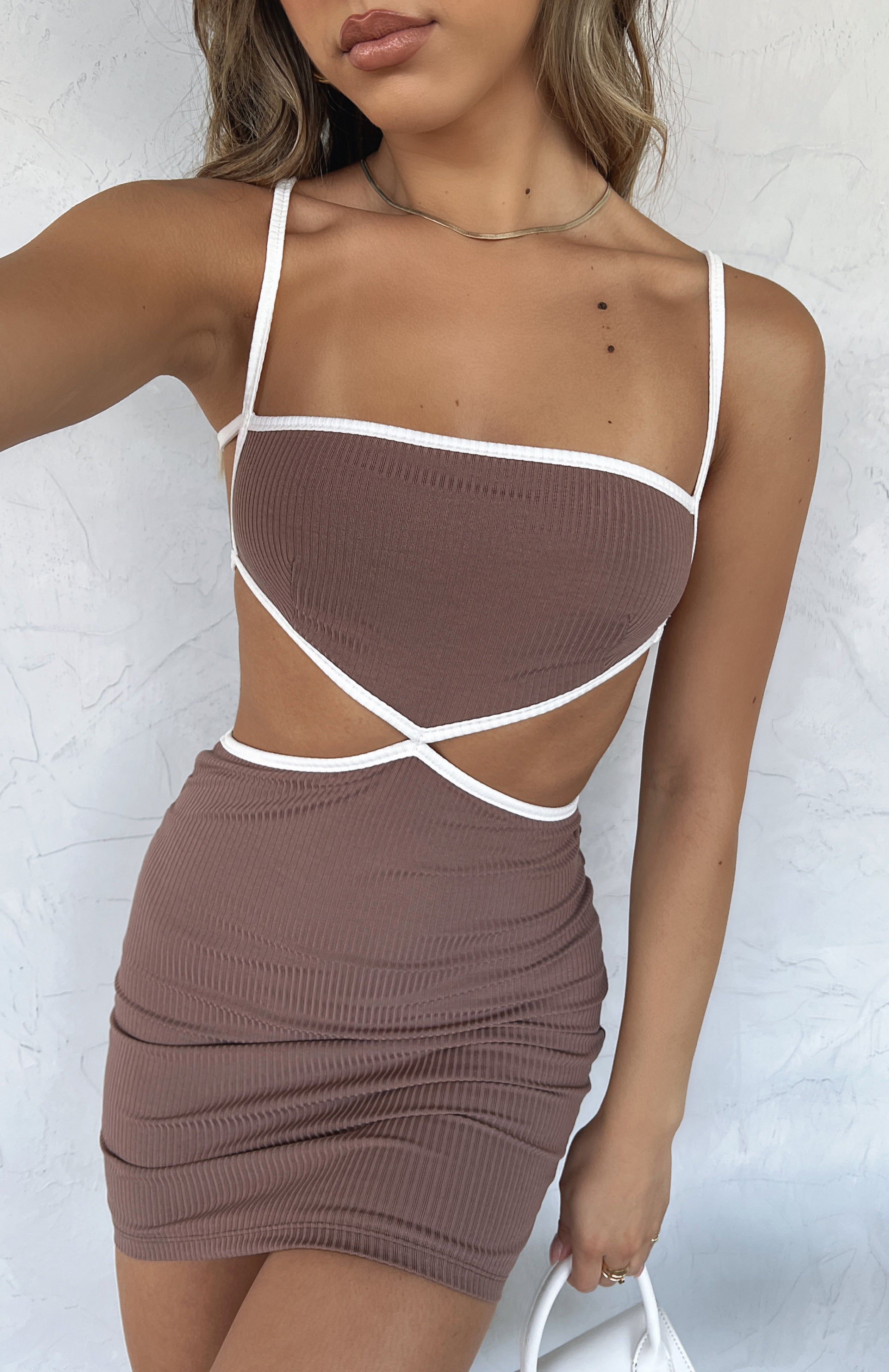 Work My Magic Ribbed Mini Dress Chocolate sold by White Fox Boutique