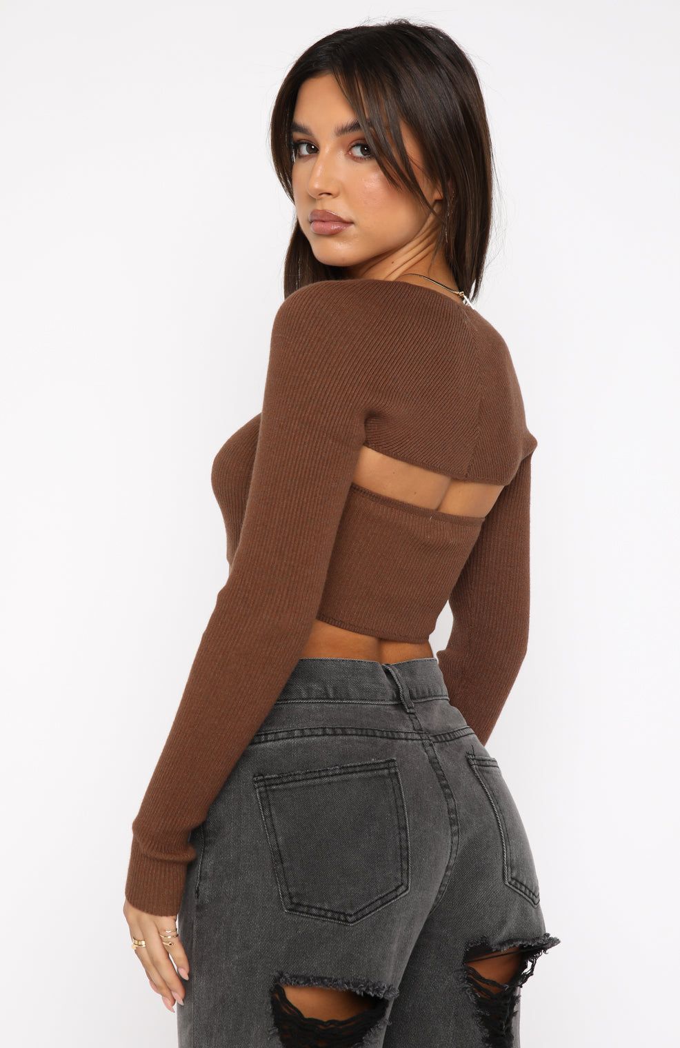 Forgetting You Ribbed Knit Long Sleeve Crop Chocolate sold by White Fox Boutique product image thumbnail 4