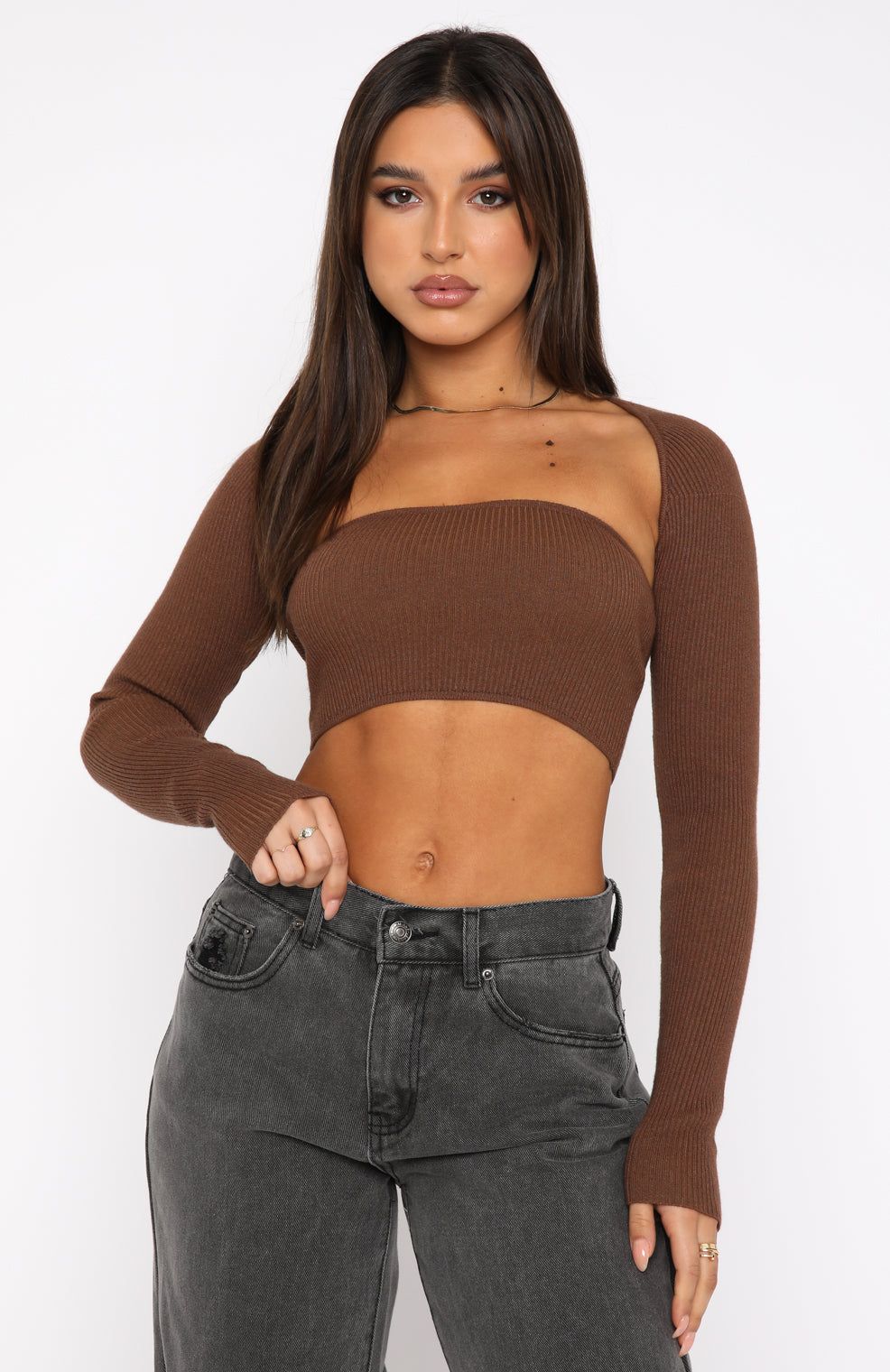 Forgetting You Ribbed Knit Long Sleeve Crop Chocolate sold by White Fox Boutique product image thumbnail 2