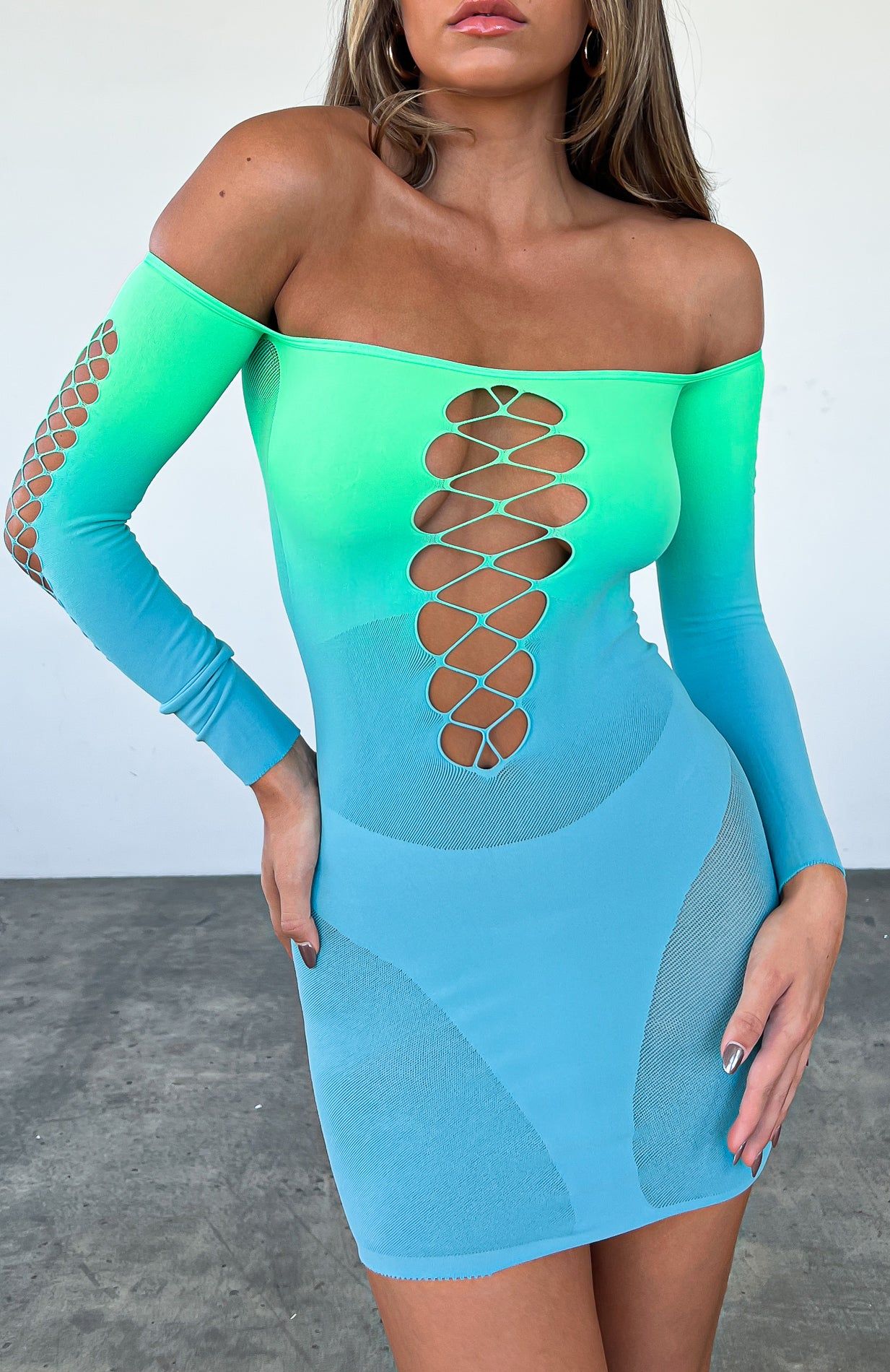 Hate To Say Long Sleeve Mini Dress Lime Gradient sold by White Fox Boutique product image thumbnail 7