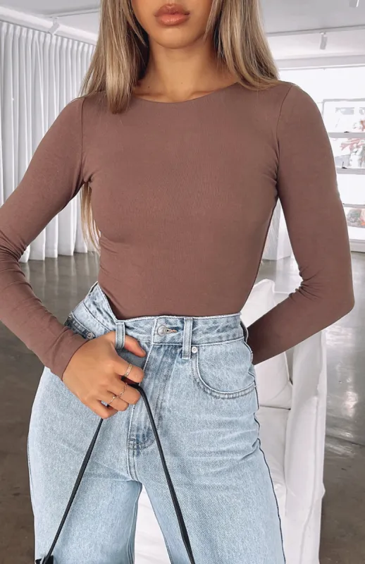The Come Back Long Sleeve Bodysuit Mocha sold by White Fox Boutique