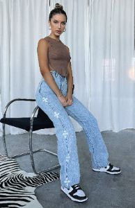 Unbothered High Rise Straight Leg Jeans Washed Blue Print sold by White Fox Boutique