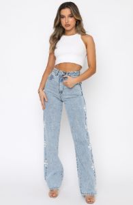 Unbothered High Rise Straight Leg Jeans Washed Blue Print sold by White Fox Boutique
