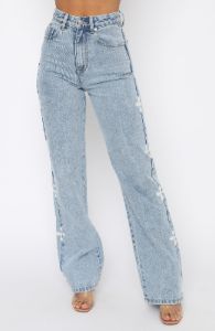 Unbothered High Rise Straight Leg Jeans Washed Blue Print sold by White Fox Boutique
