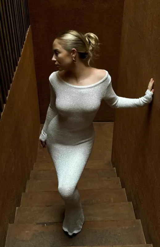 Divine Timing Long Sleeve Sequin Knit Maxi Dress White sold by White Fox Boutique