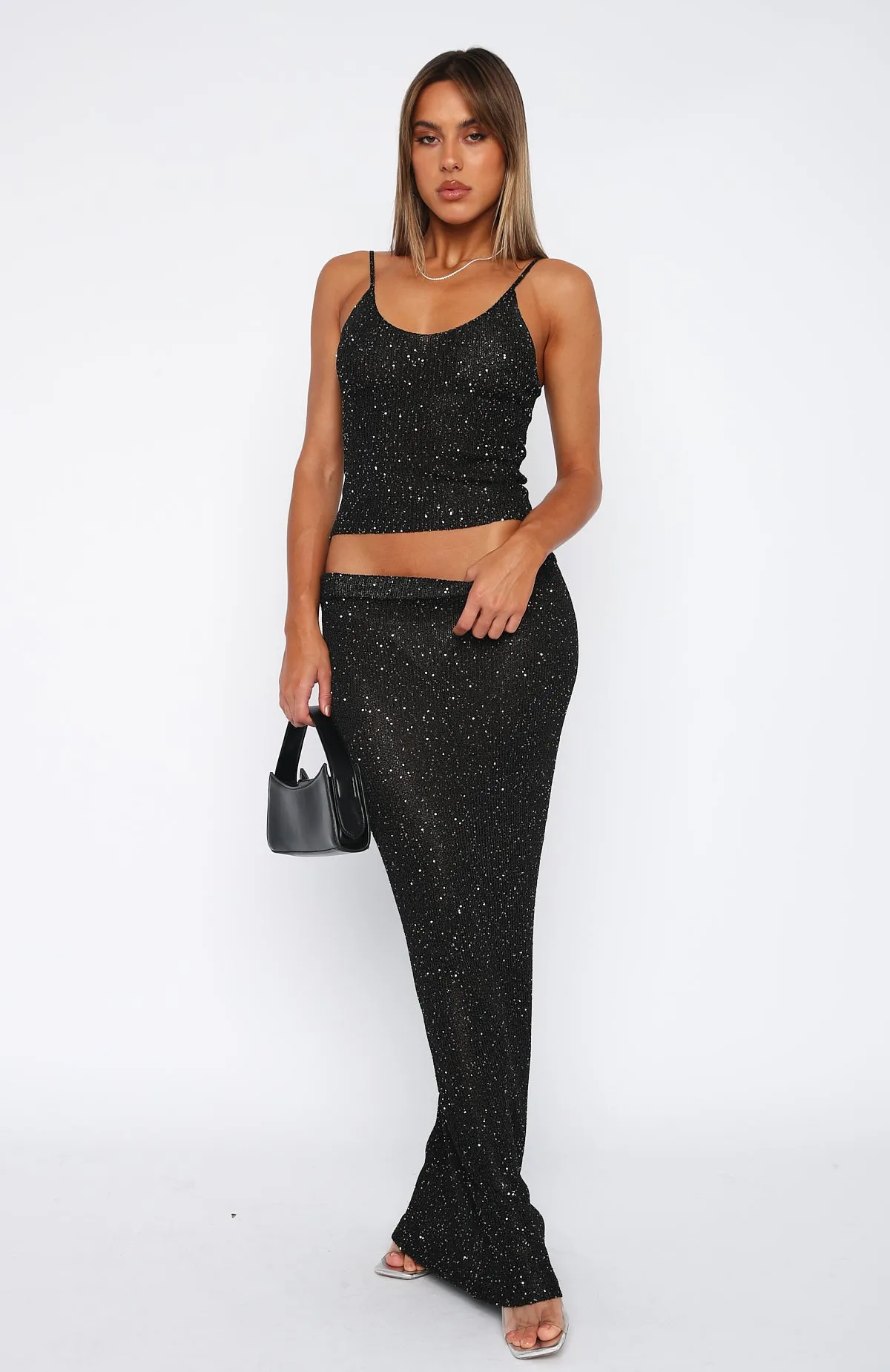 Star Shining Sequin Knit Maxi Skirt Black sold by White Fox Boutique product image thumbnail 2
