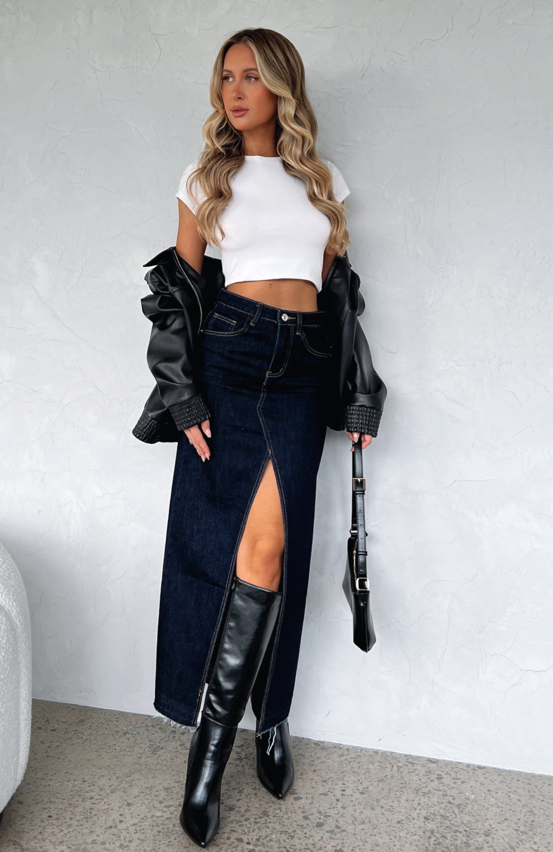 Take My Picture Denim Maxi Skirt Dark Wash sold by White Fox Boutique